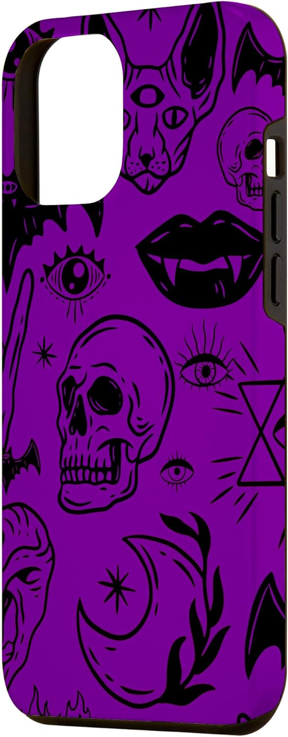 Funda púrpura para iPhone 14 Plus Halloween Skull Sphinx Cat
