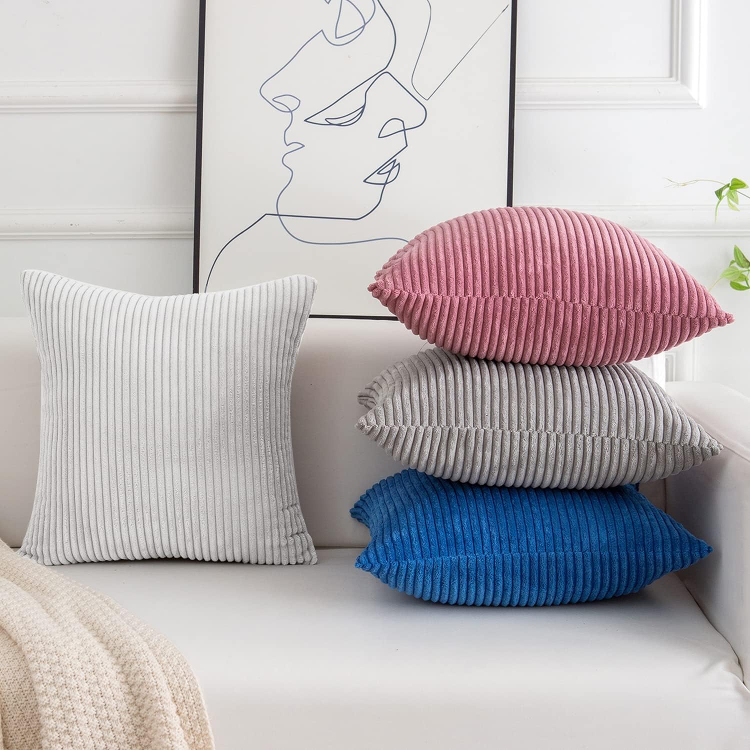 Softalker Juego de 4 fundas de almohada de pana suave a rayas sólidas, 20 x 20 pulgadas, decoración moderna para sofá, dormitorio, sala de estar