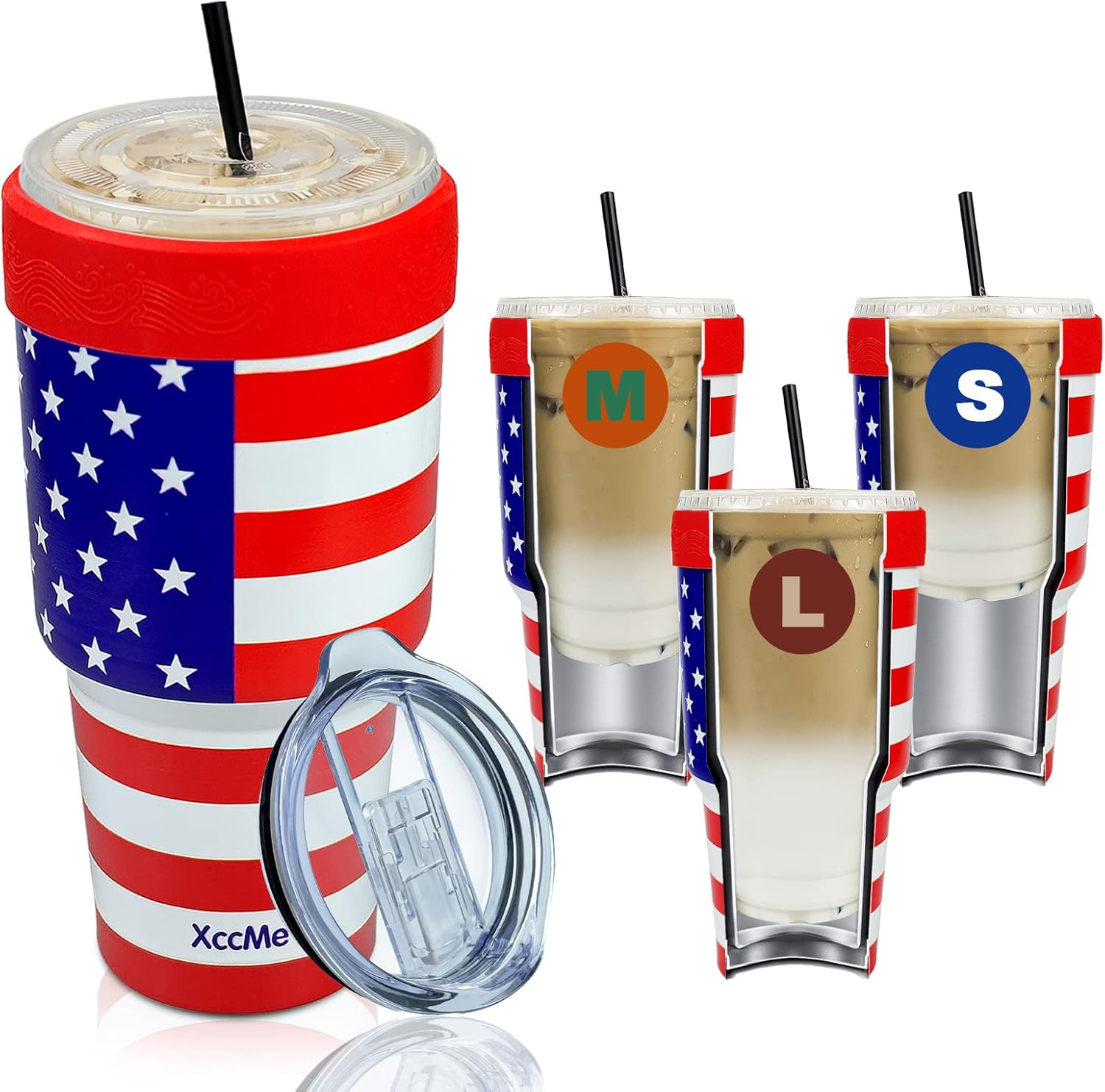 XccMe Funda de acero inoxidable para café helado, vaso aislado de acero inoxidable de 30 onzas con tapa, mangas de doble pared para bebidas frías,