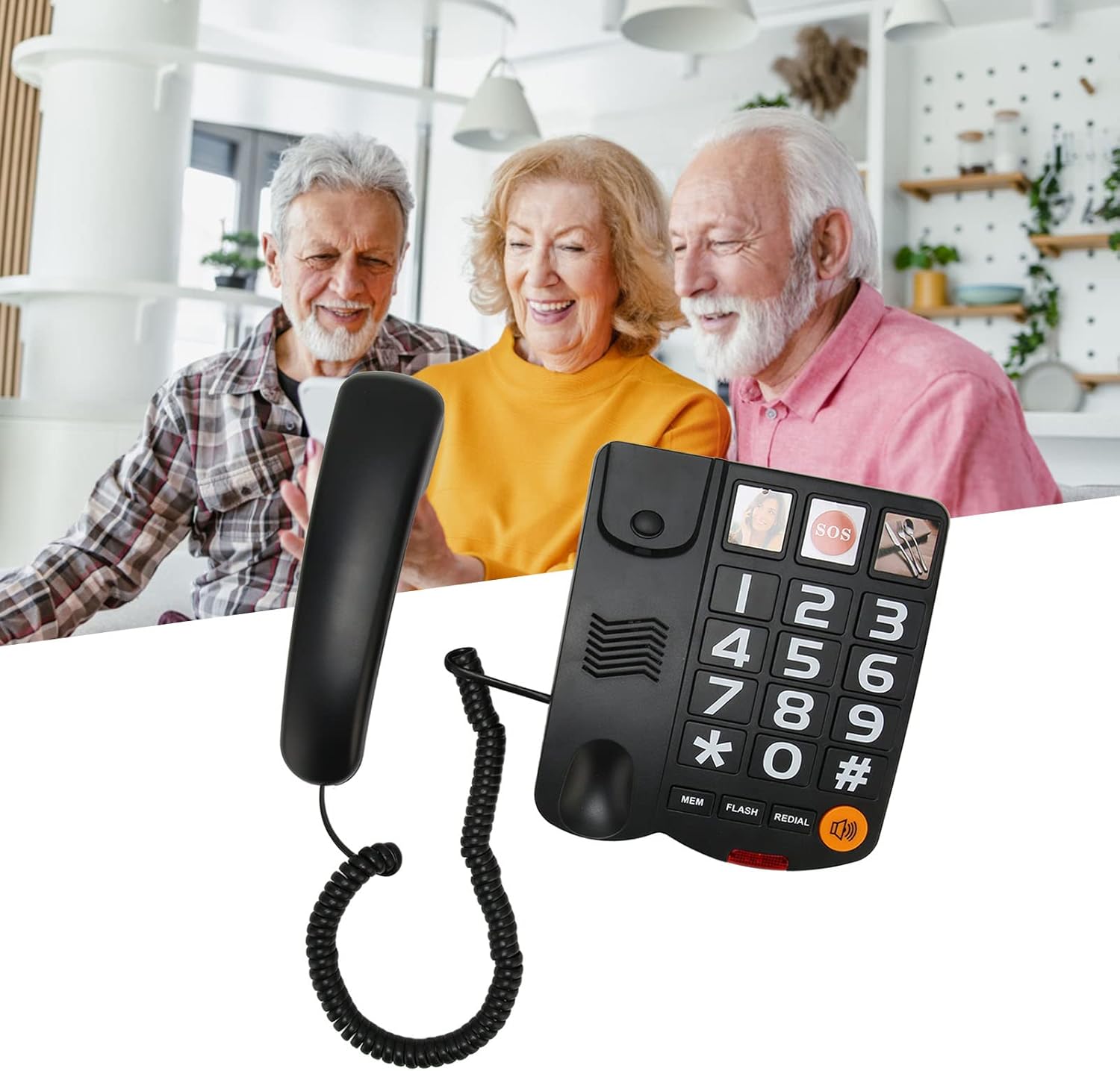Teléfono fijo con imagen, teléfono con cable de botón grande para personas mayores, teléfonos de escritorio con altavoz, marcación con un clic, SOS,