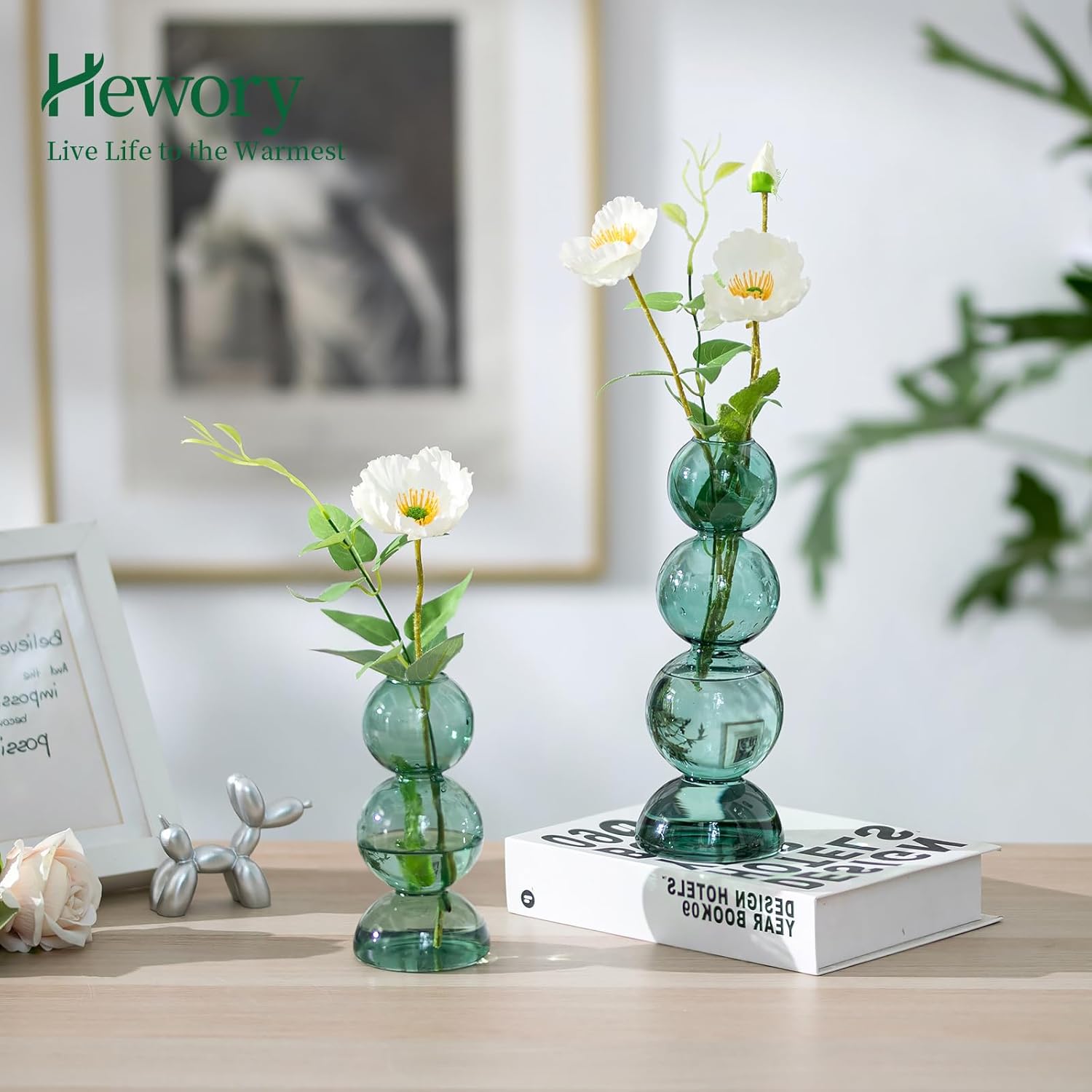 Hewory – Floreros de burbujas de vidrio para flores, 2 piezas, color verde, único, lindo jarrón de flores individuales para centros de mesa, jarrón