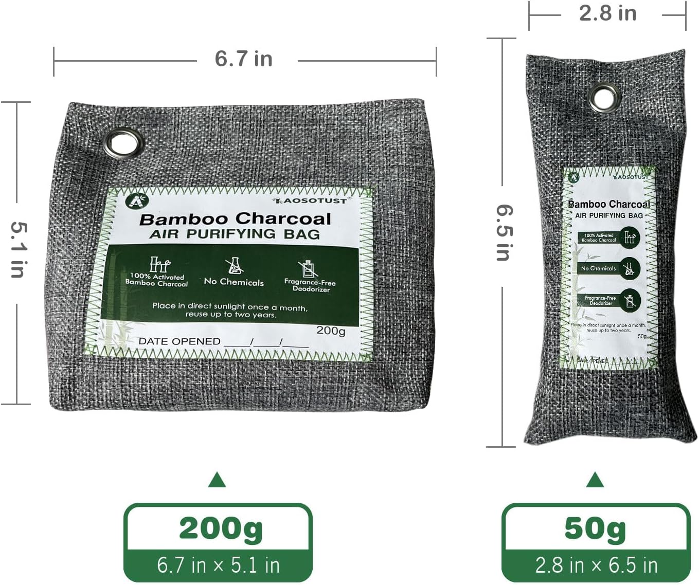 Bolsa purificadora de aire de carbón de bambú, paquete de 6, eliminador de olores para tu casillero, automóvil, armario, zapatos, baño, áreas de