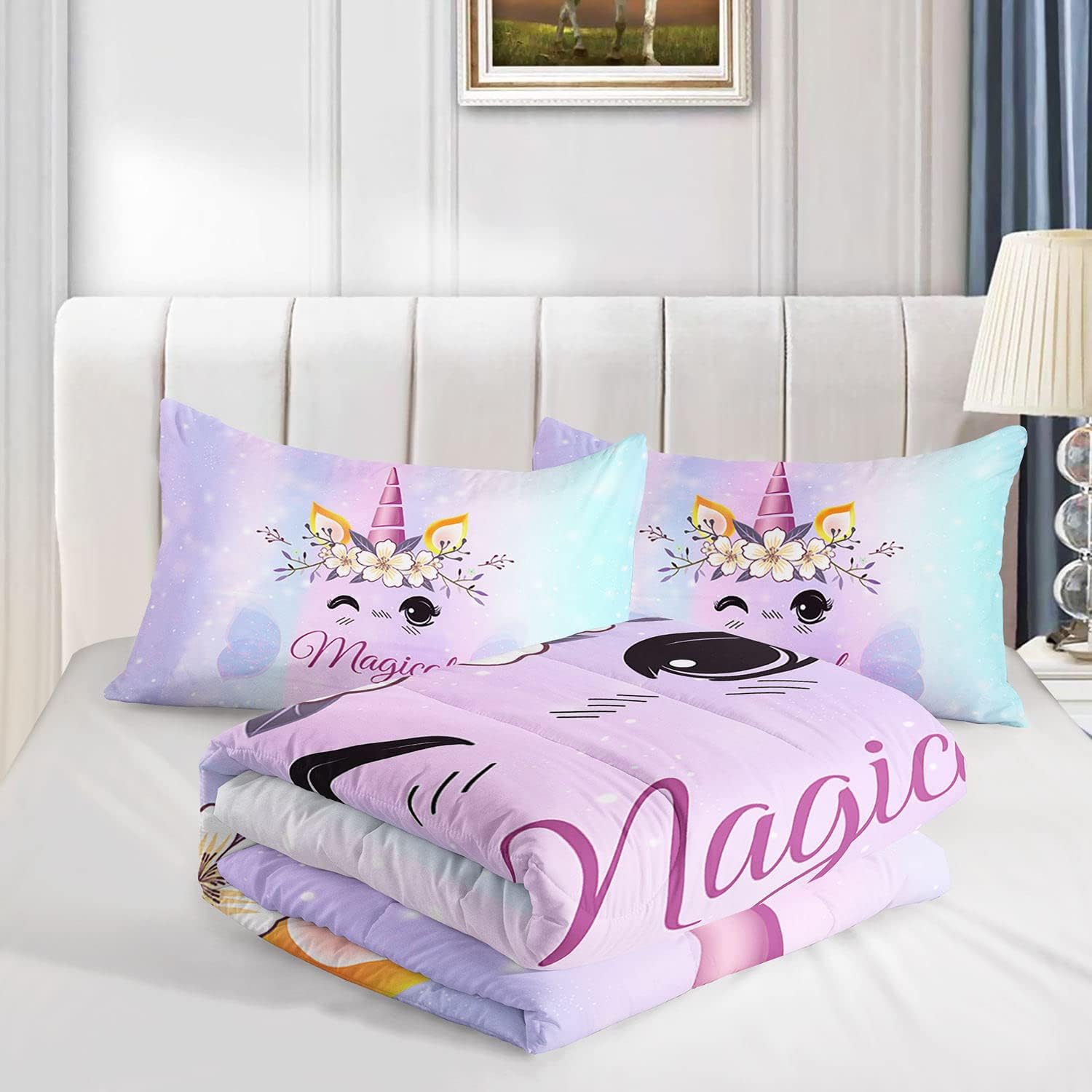 Datura home Lindo juego de edredón de unicornio para niñas y mujeres, juego de ropa de cama con estampado de unicornio Kawaii degradado morado y
