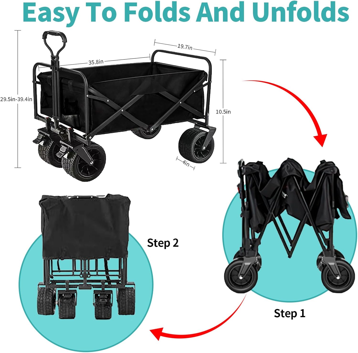 QivvMivo Carro plegable plegable de 330 libras, carrito de playa resistente para arena con ruedas grandes, mango ajustable y soportes para bebidas