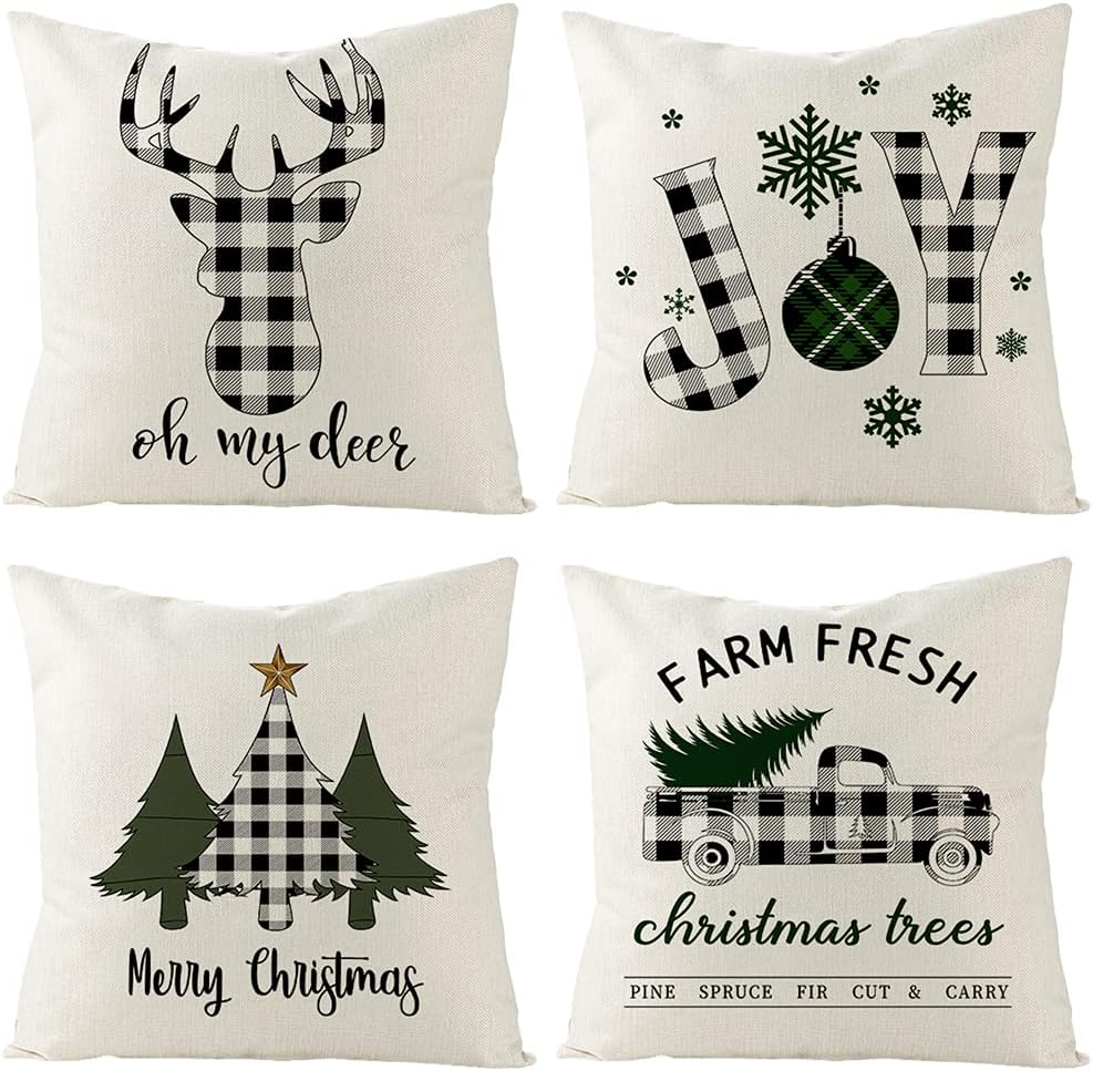 4 fundas de almohada de Navidad de 18 x 18 pulgadas, fundas de almohada decorativas rústicas a cuadros de búfalo para decoración de Navidad, fundas