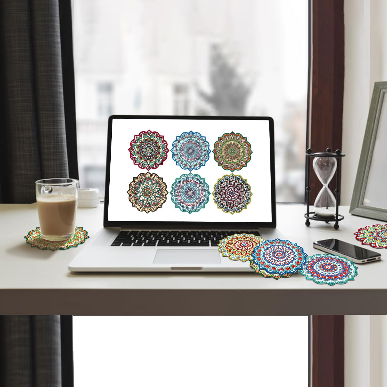 sinceroduct Kit de posavasos de pintura de diamante, hermoso patrón de mandala, posavasos de pintura de diamante con soporte, kits de arte de