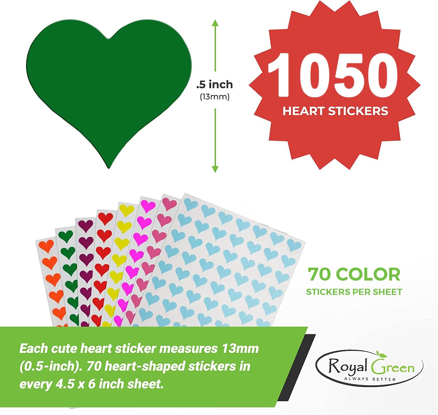 Royal Green – Calcomanías de corazones de 0.5 pulgadas, diseño de corazón para sellos de regalos, manualidades y álbumes de recortes, etiqueta
