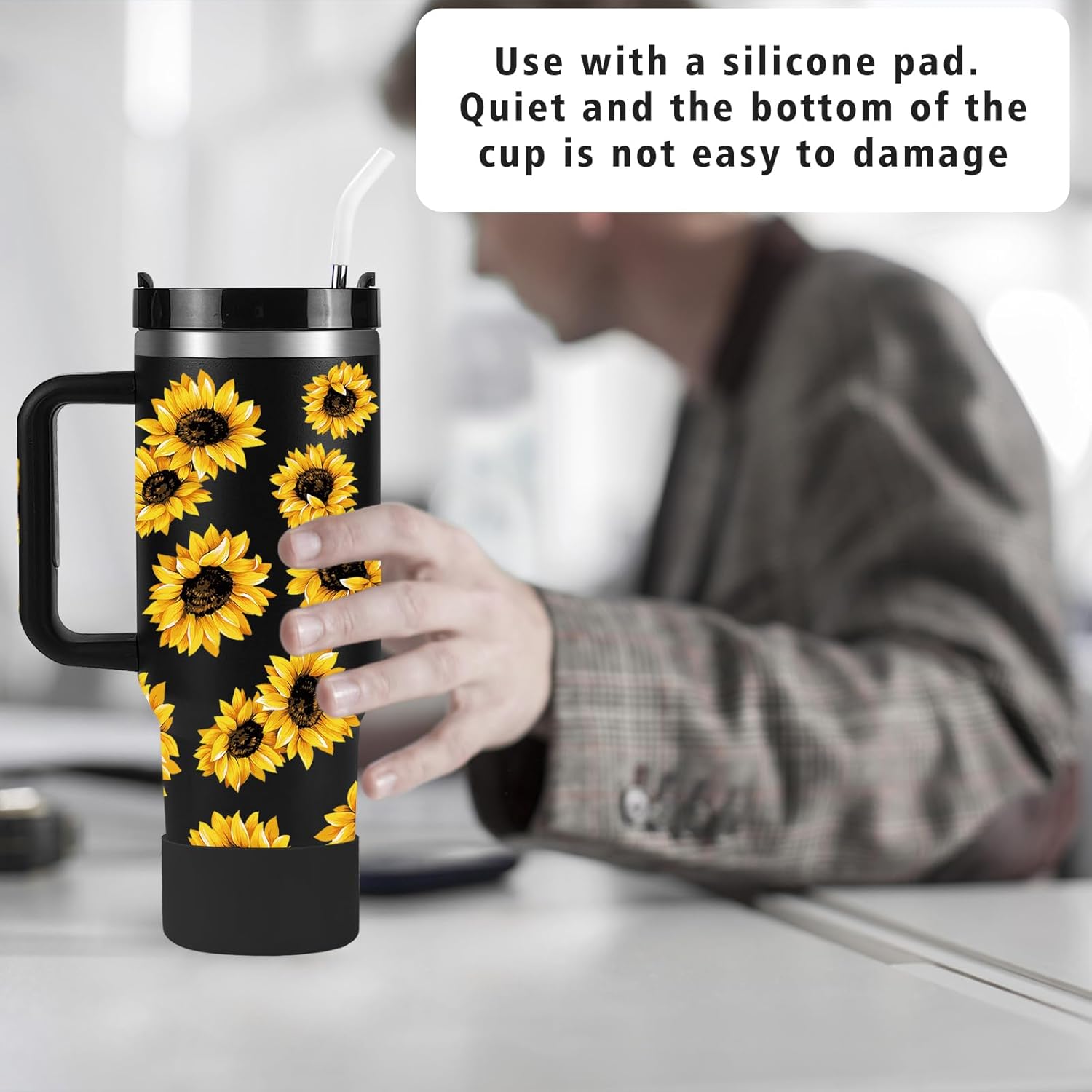 Vaso de 40 onzas con asa, tapa a prueba de derrames, popote y posavasos de silicona, taza aislada de doble pared de acero inoxidable, taza de café