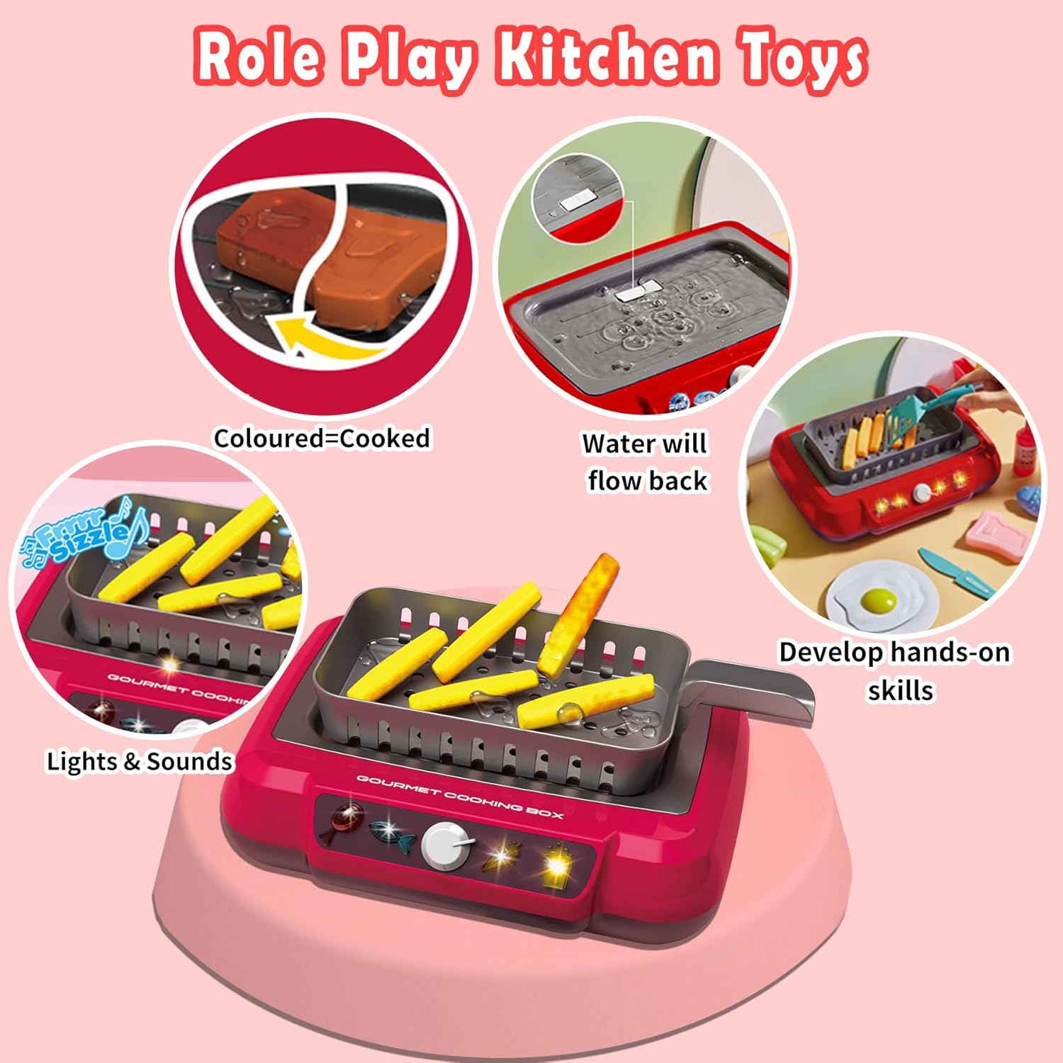 Juego de accesorios de cocina para niños, juego de cocina para niños pequeños, juego de cocina para acampar con comida que cambia de color, juego de