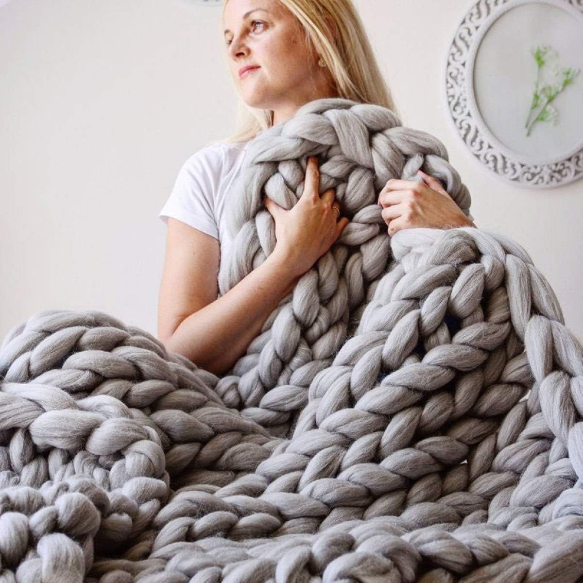 Manta Inverse Growth de punto, gruesa, hecha a mano, de lana tejida, para dormitorio, decoración de cama, para silla, tapete, para mascotas