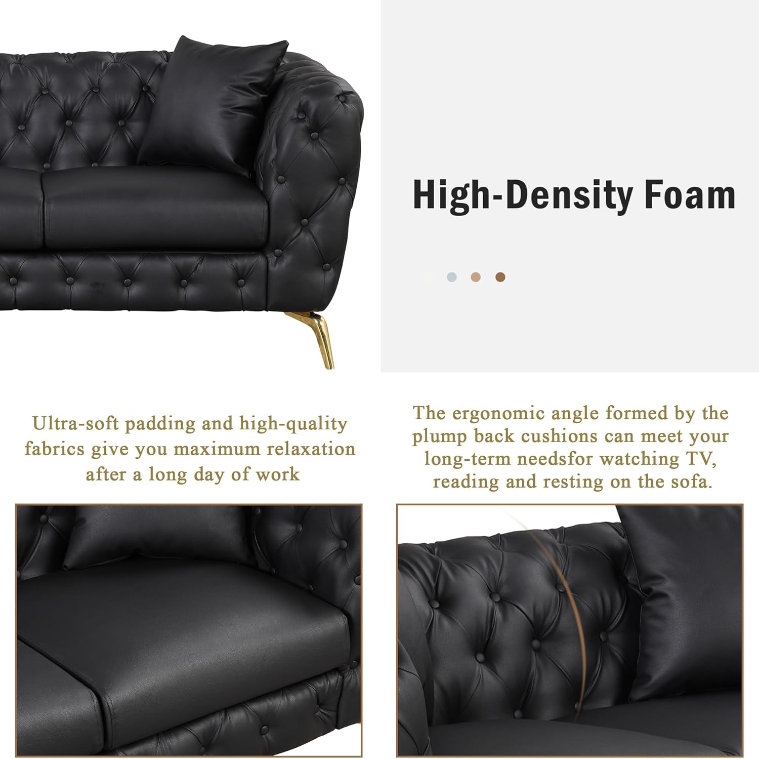 Sofá Chesterfield moderno de 44 pulgadas con patas de metal resistentes, sofá individual tapizado de poliuretano con respaldo copetudo con botones,