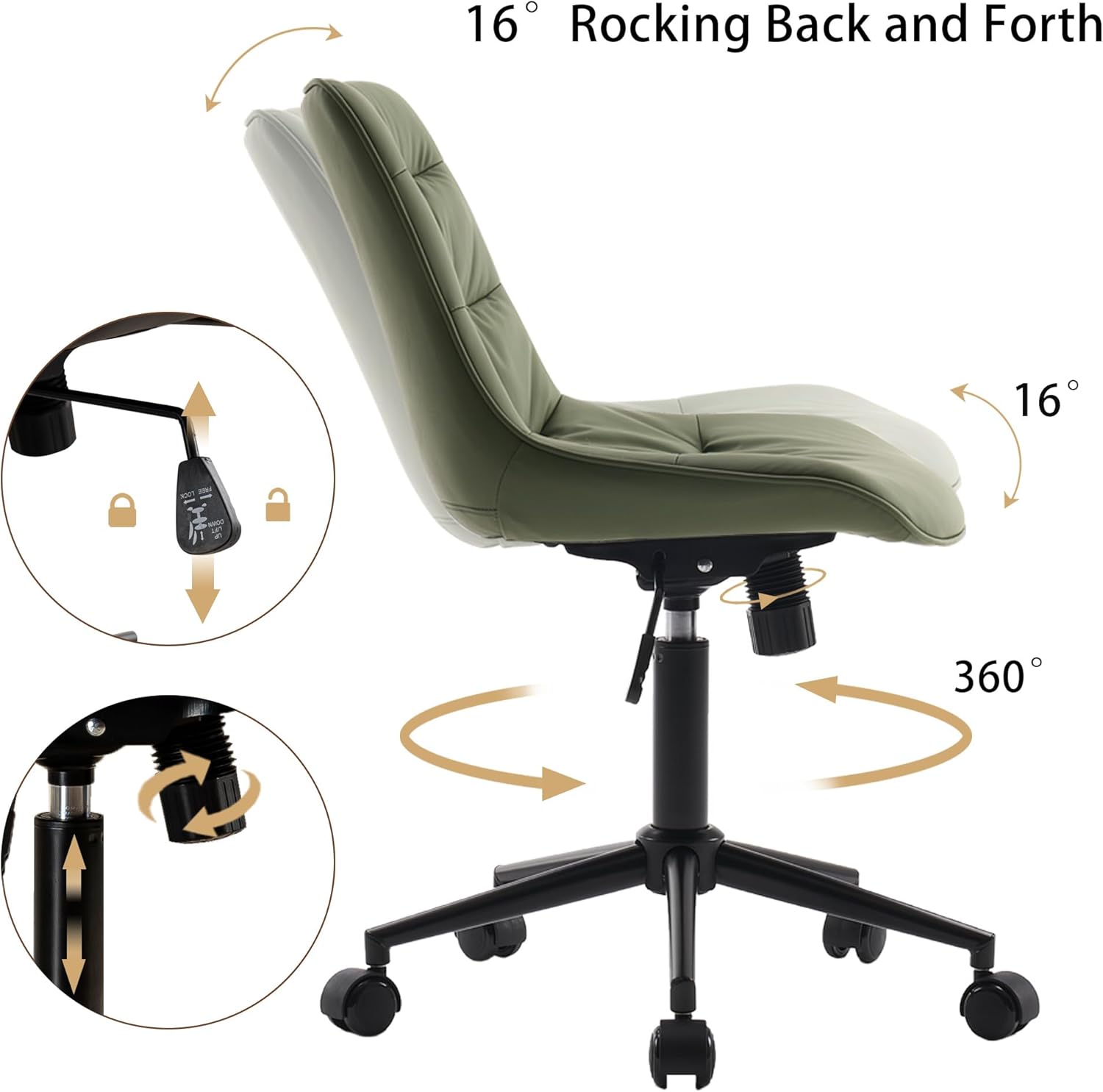 Kidol & Shellder Silla ergonómica de oficina con ruedas giratoria sin brazos, silla de escritorio de piel sintética, silla reclinable con respaldo