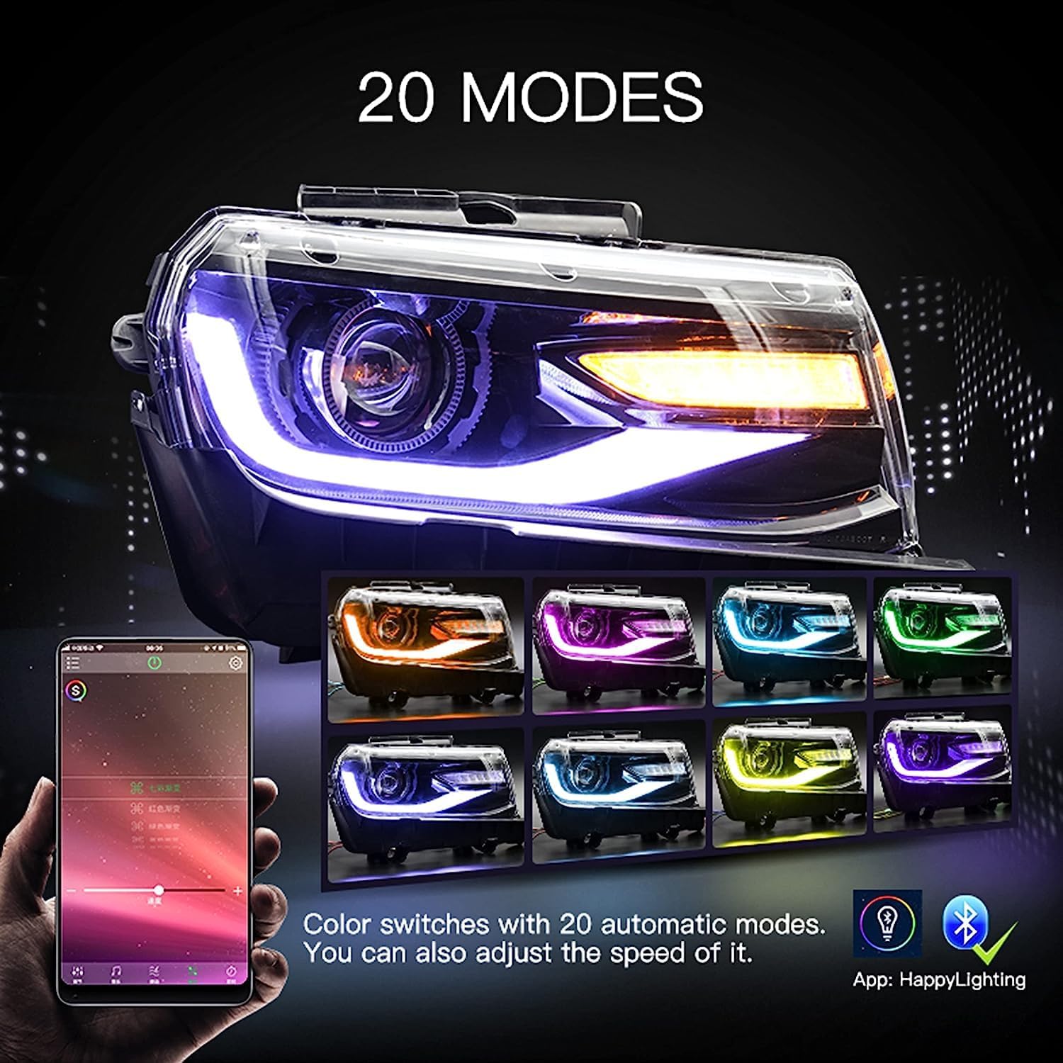 VLAND Conjunto de faros delanteros multicolor para Chevy Camaro 2014 2015 5 generación, luz frontal LED RGB con señal de giro secuencial, con lente