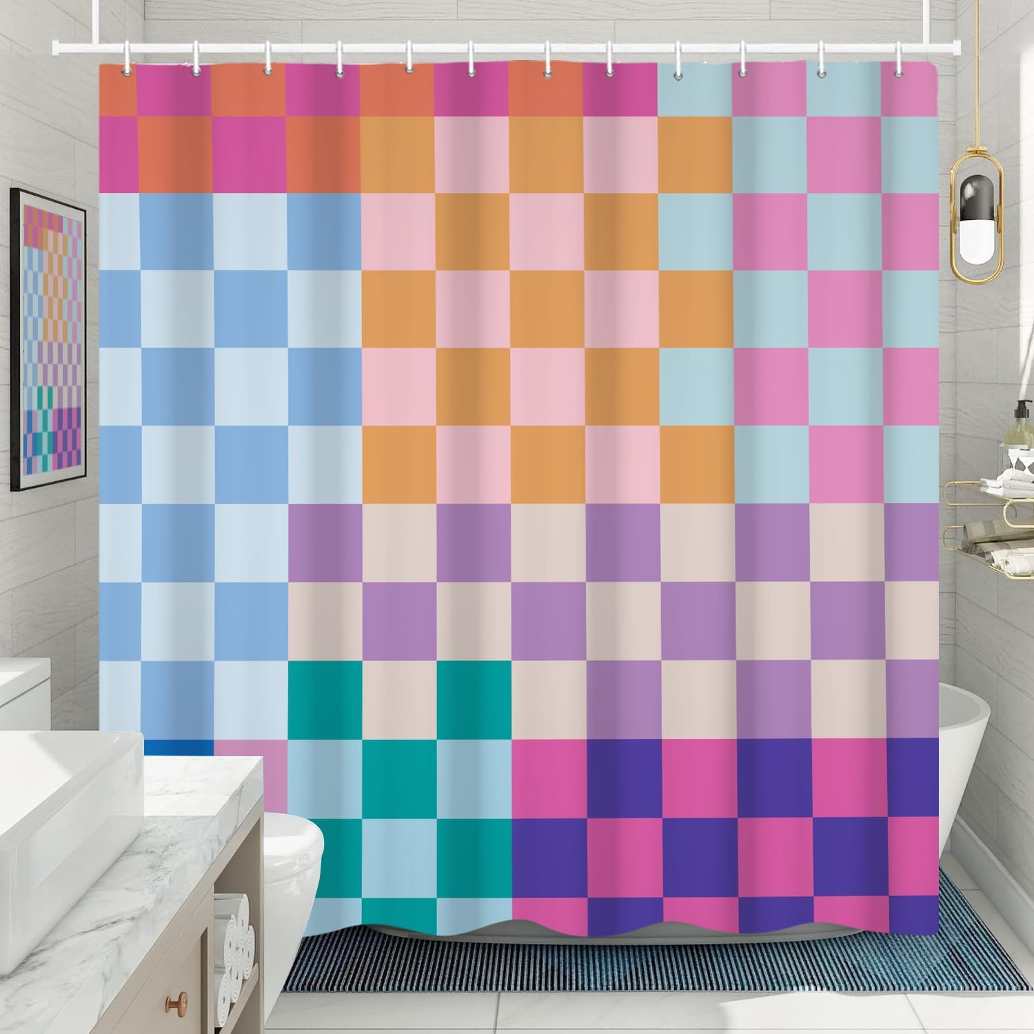 Cortina de ducha retro a cuadros, cortinas de ducha estéticas coloridas para baño, 60 pulgadas de ancho x 72 pulgadas de alto, bonita cortina de