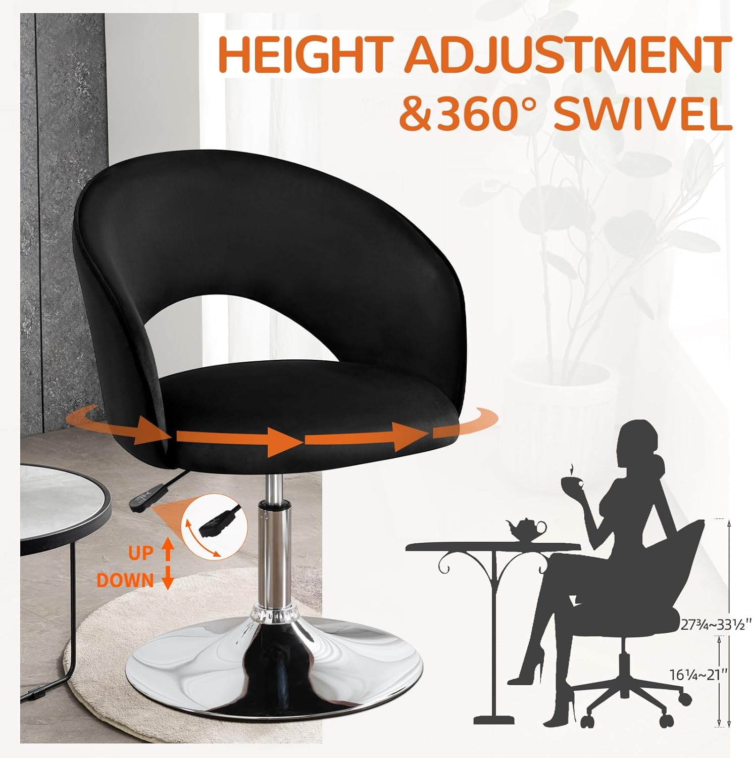 Furniliving Vanidad de maquillaje, silla flexible con respaldo redondo, silla de acento de 360 con marco plateado, sillas giratorias ajustables en