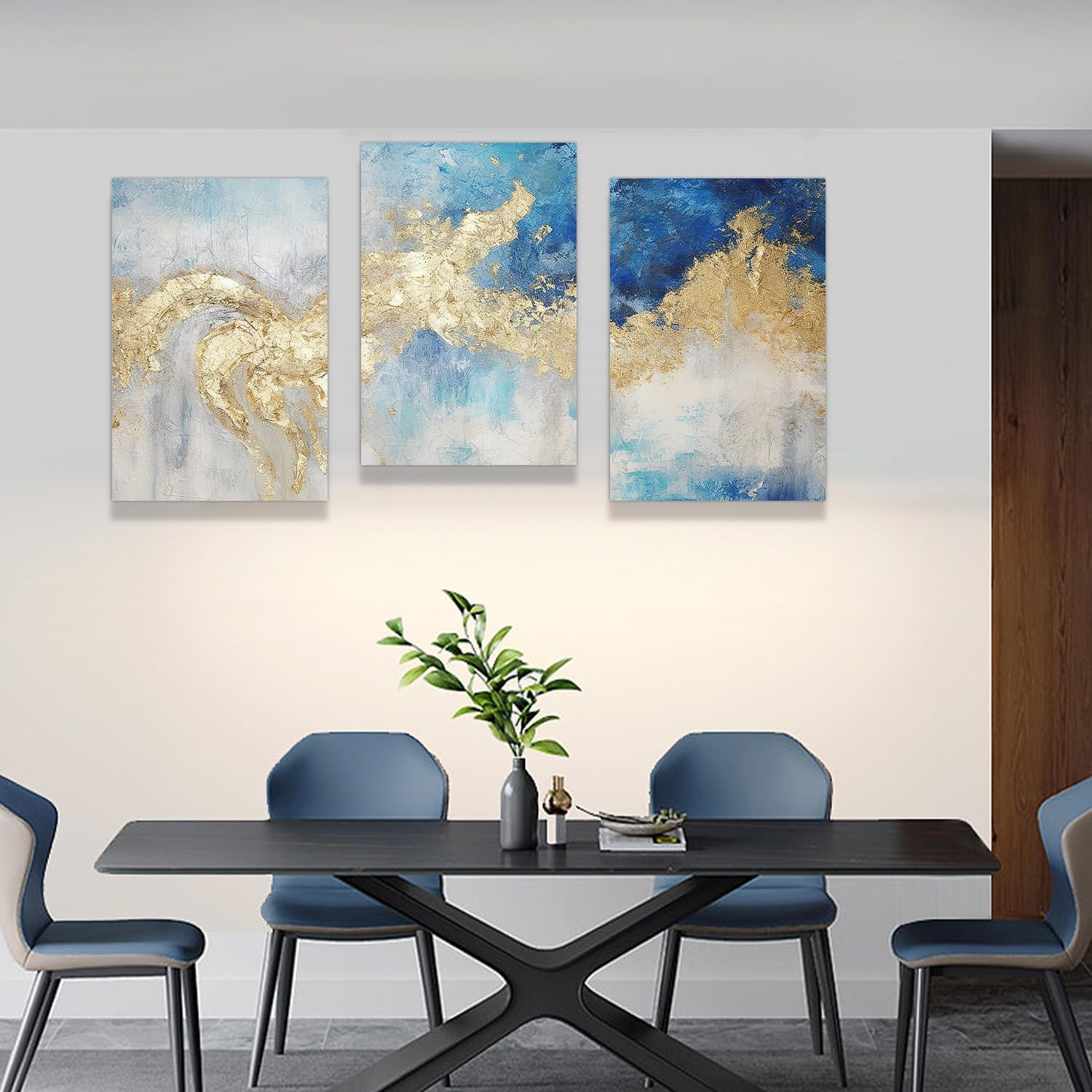 MOSTUNNA Lienzo abstracto de 3 piezas de arte abstracto con textura de mármol azul y dorado, póster de lámina dorada, pintura nórdica moderna de