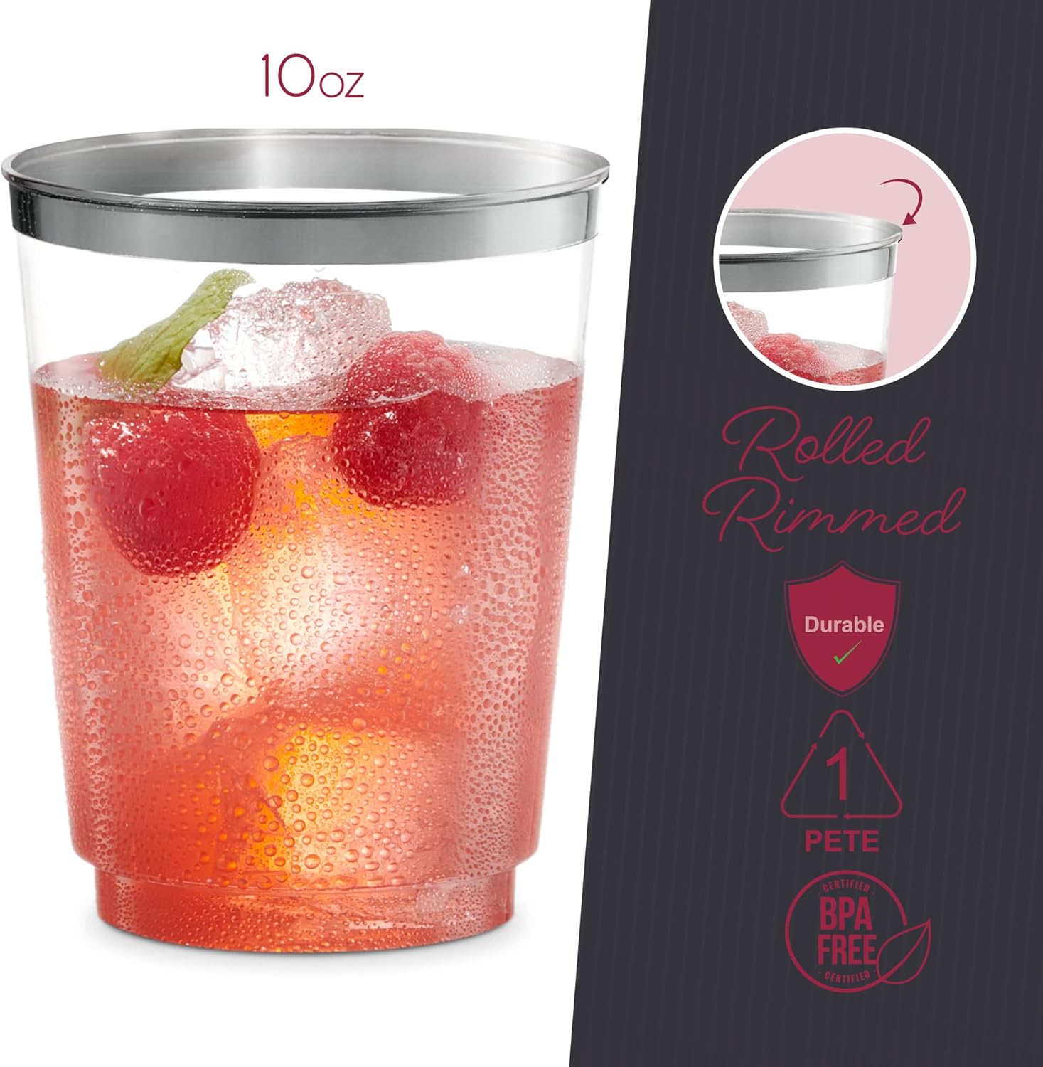 PLASTICPRO Vasos de plástico desechables (borde plateado, 50)