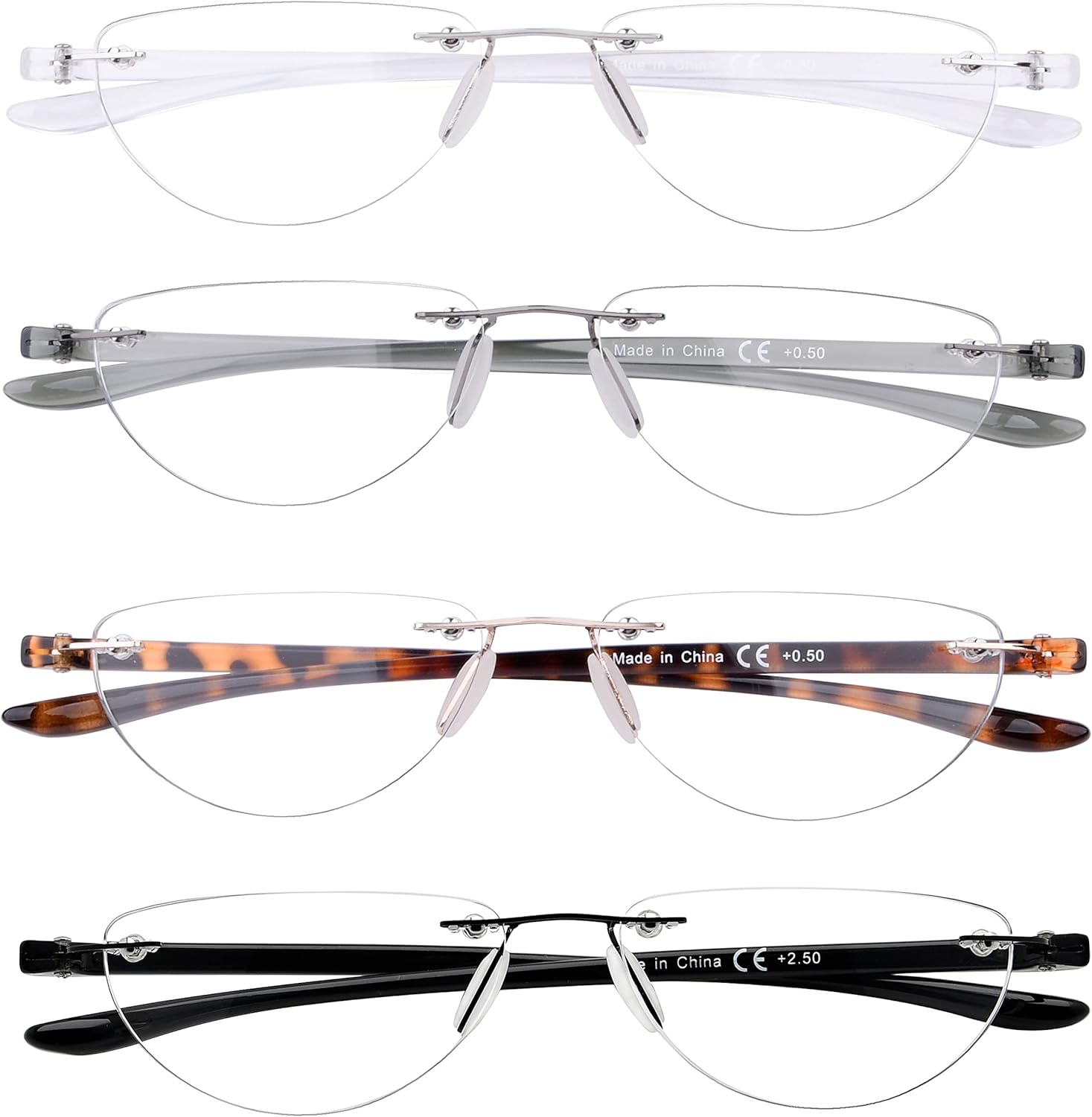 Eyekepper Paquete de 4 lentes de lectura sin montura para mujeres y hombres, lectores de media luna +1.25