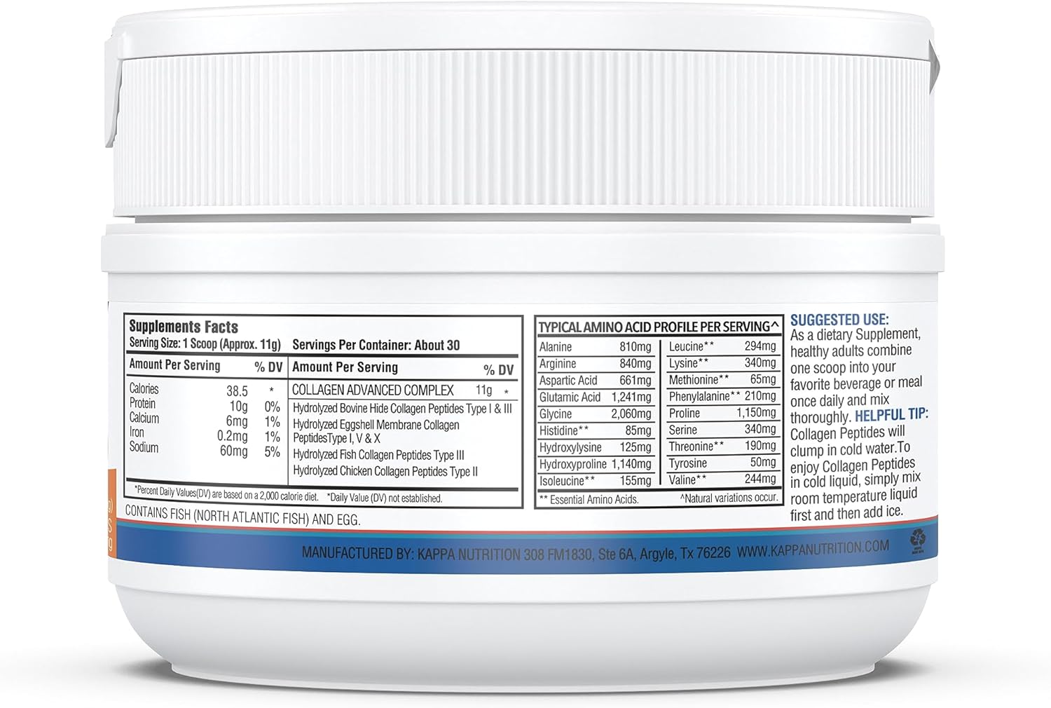 KAPPA NUTRITION Complejo de colágeno – Tipo I, II, III, V, X, alimentado con pasto, sin OMG, 30 porciones