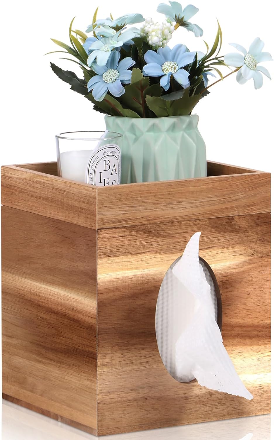 Funda para caja de pañuelos, cubierta de caja de pañuelos de madera con bandeja de almacenamiento cuadrada para caja de pañuelos para baño,