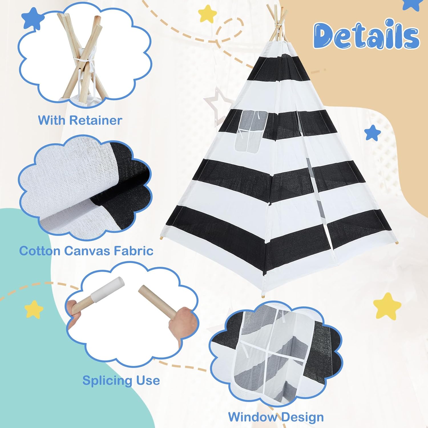 Woanger Juego de 6 tiendas de campaña tipo tipi para niños con cadena de luz de 10 pies, tienda de campaña plegable de lona de algodón, luces LED de