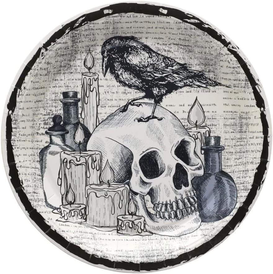 Juego de platos y servilletas de papel de Halloween, diseño vintage de calavera, cuervo, araña y botella, suministros de fiesta para adultos