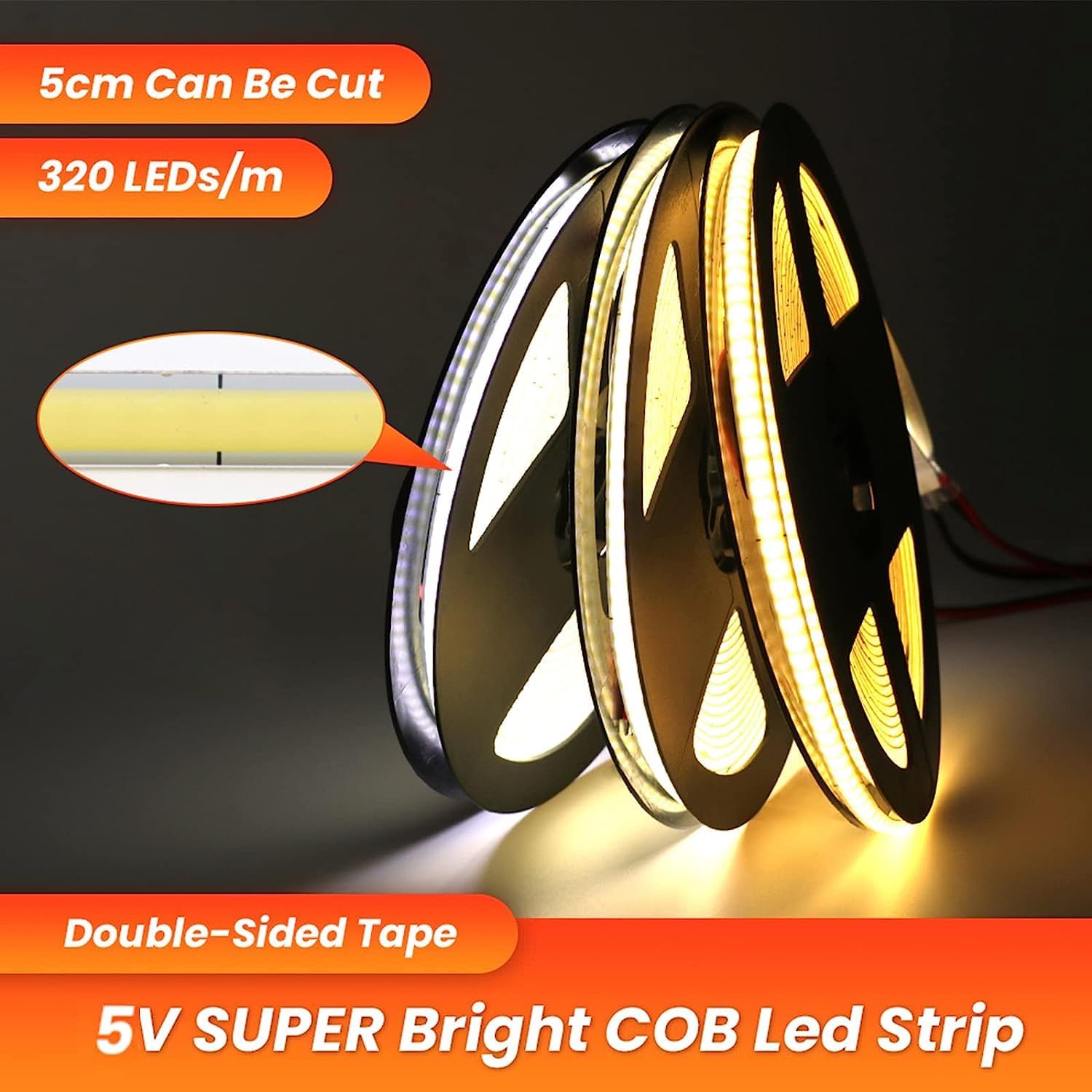 HEGEHE Tira de luces LED COB regulables, 3m9.9ft DC5V 320LEDsm, no impermeable, flexible, tira de luces FOB, luz diurna blanca flexible con