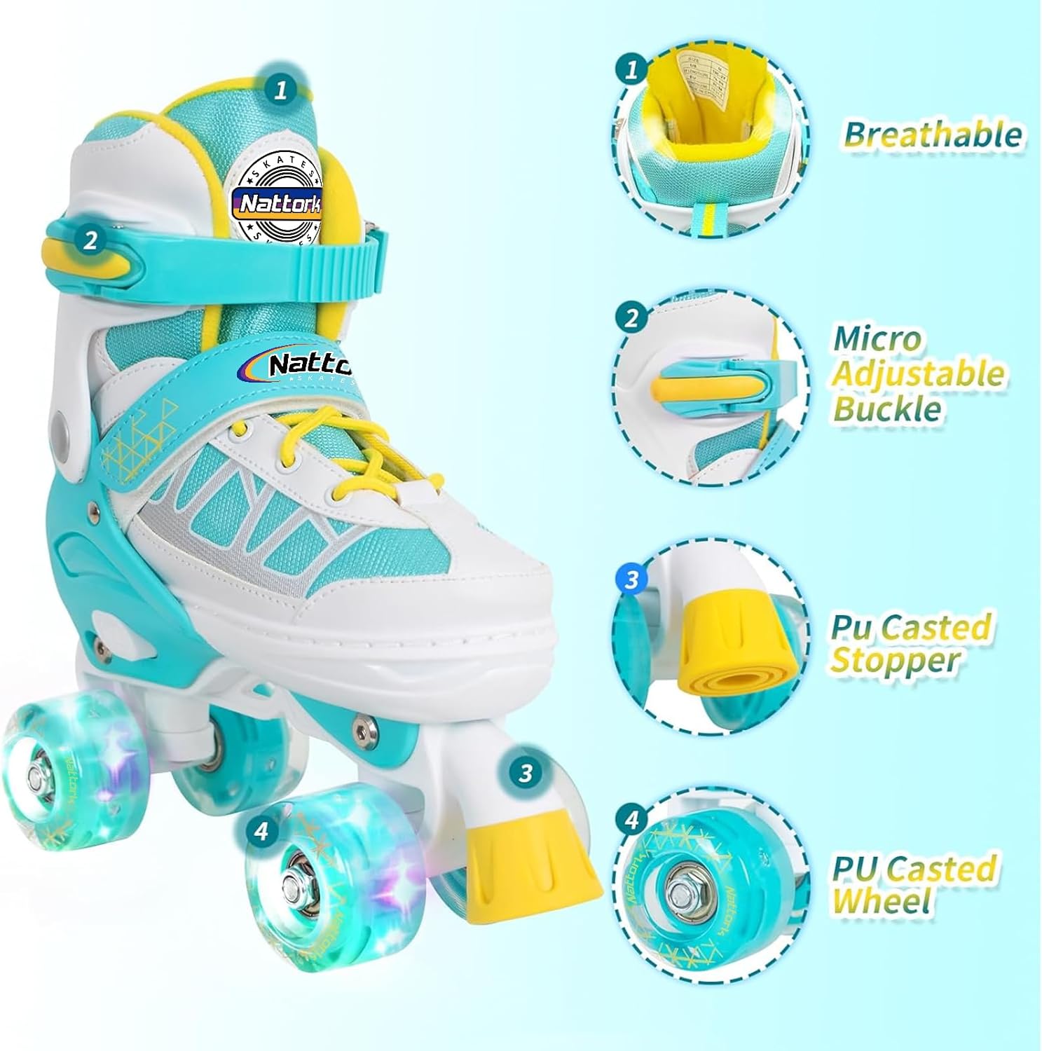 Nattork Patines de ruedas para niños y niñas, 4 tamaños ajustables con ruedas iluminadas para niños principiantes para interiores y exteriores