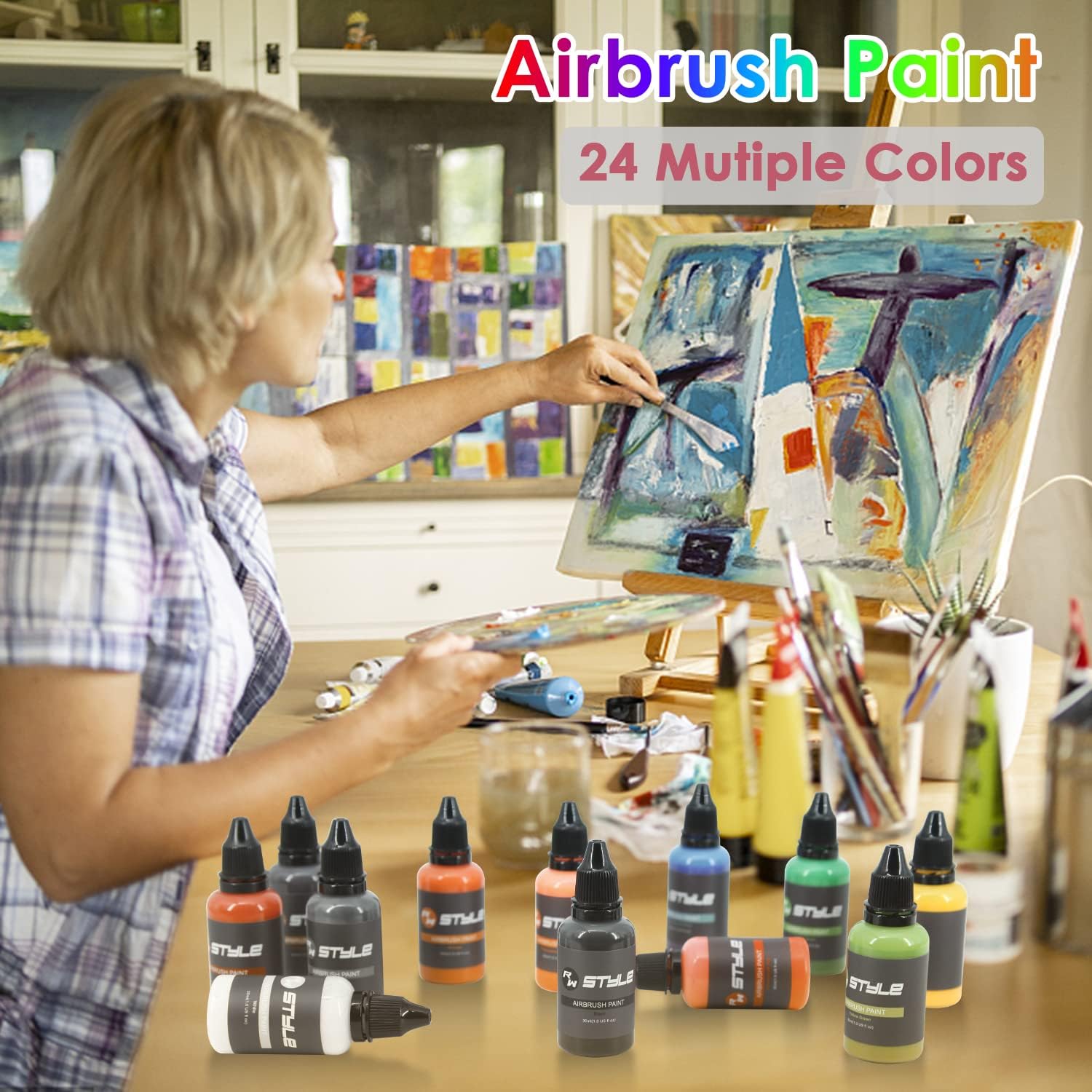 Airbrush-Kit Compresor de aerógrafo inalámbrico recargable con kit de pinturas de 24 colores para peluquería, arte de uñas, maquillaje, pintura de