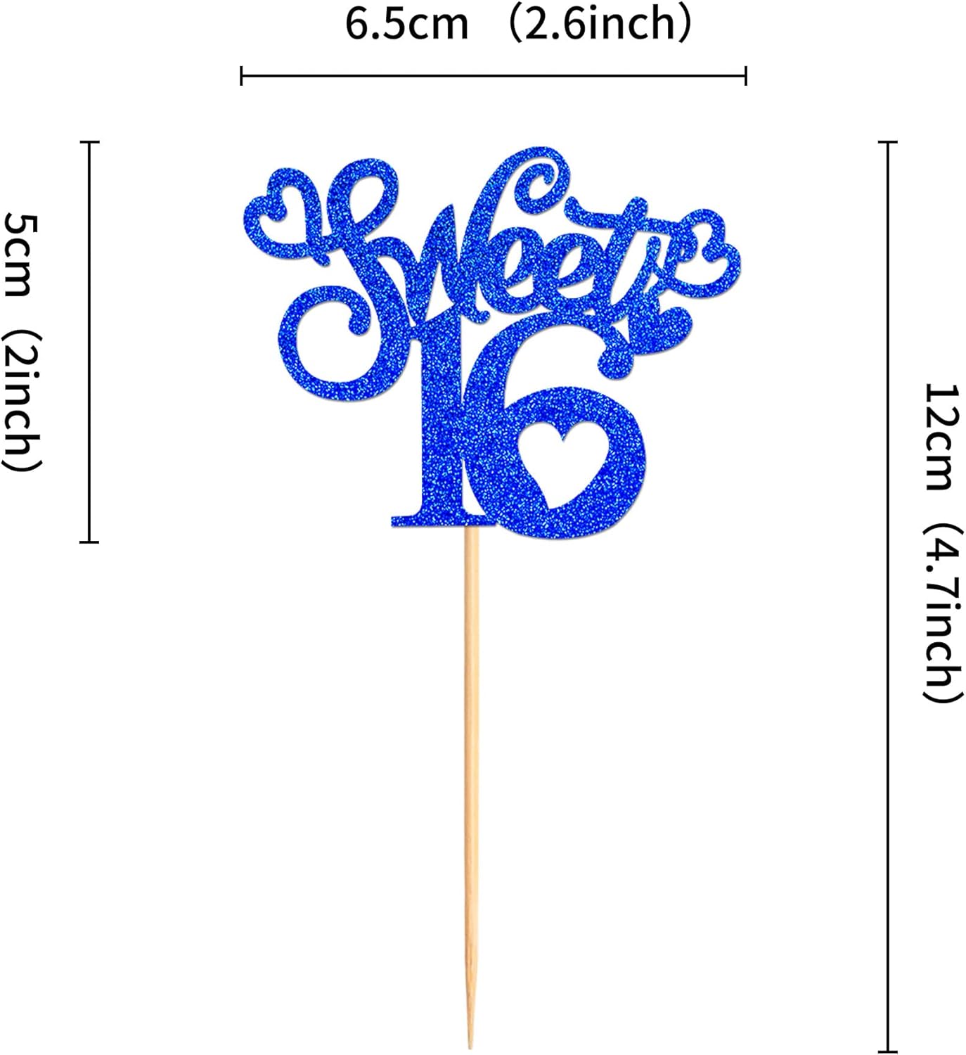 Ercadio Paquete de 24 adornos para magdalenas con 16 adornos azules con purpurina para 16 cupcakes para cumpleaños de 16 años, decoraciones para