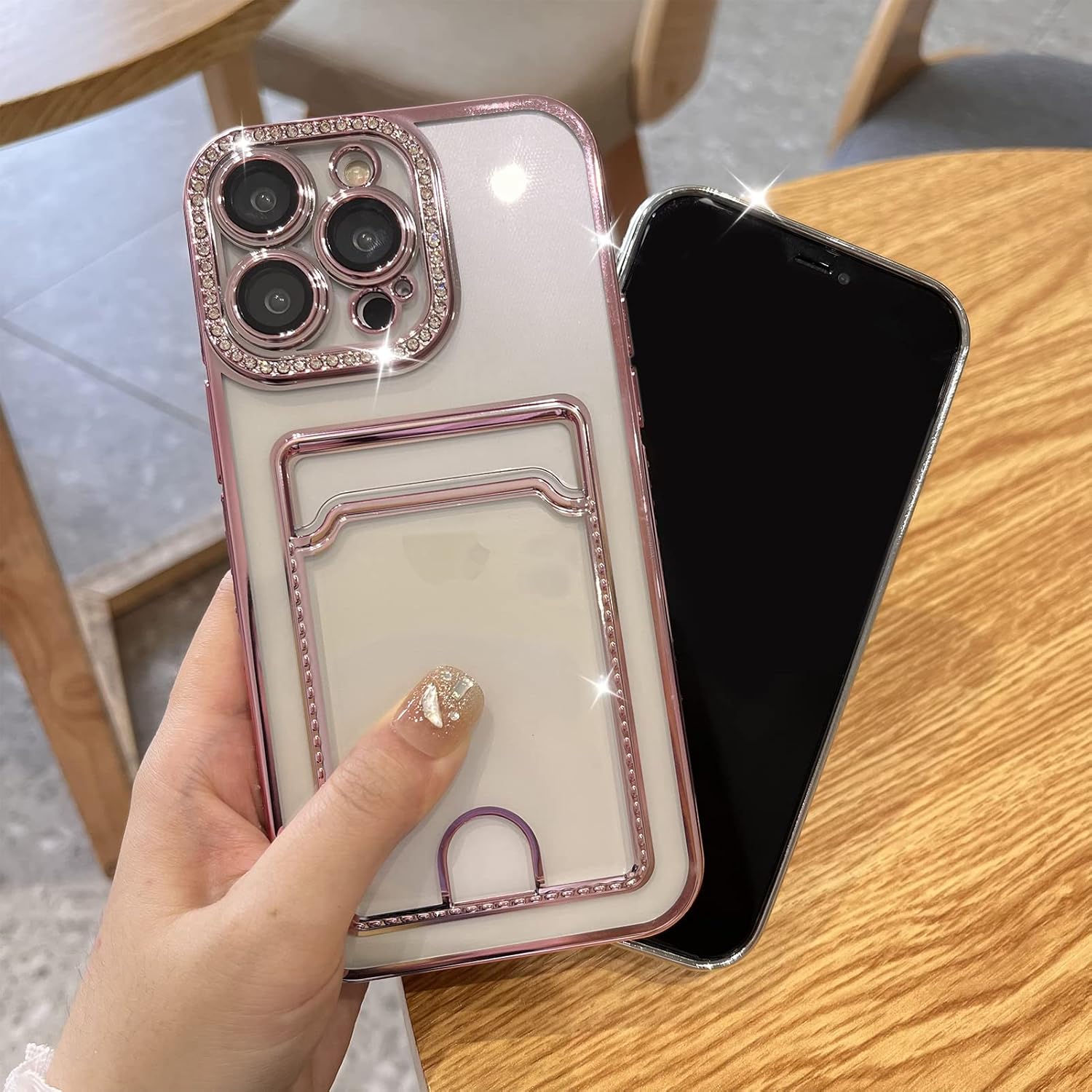MZELQ Funda tipo cartera chapada para iPhone 13 Pro, tarjetero con diamantes con purpurina brillante, protección de la cámara, funda de lujo + 2