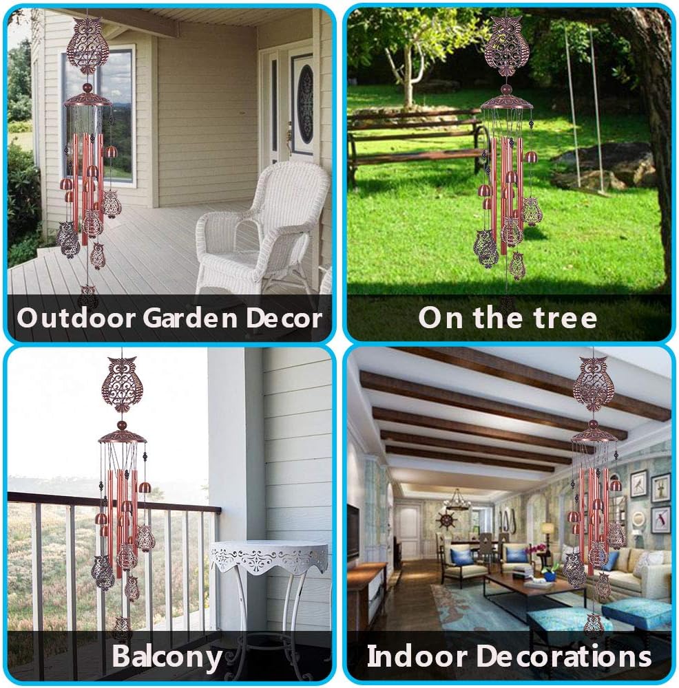 Campanillas de viento de búho para decoración de interiores y exteriores, con 4 tubos de aluminio, 6 campanas, 7 búhos, 37 pulgadas, impermeables,
