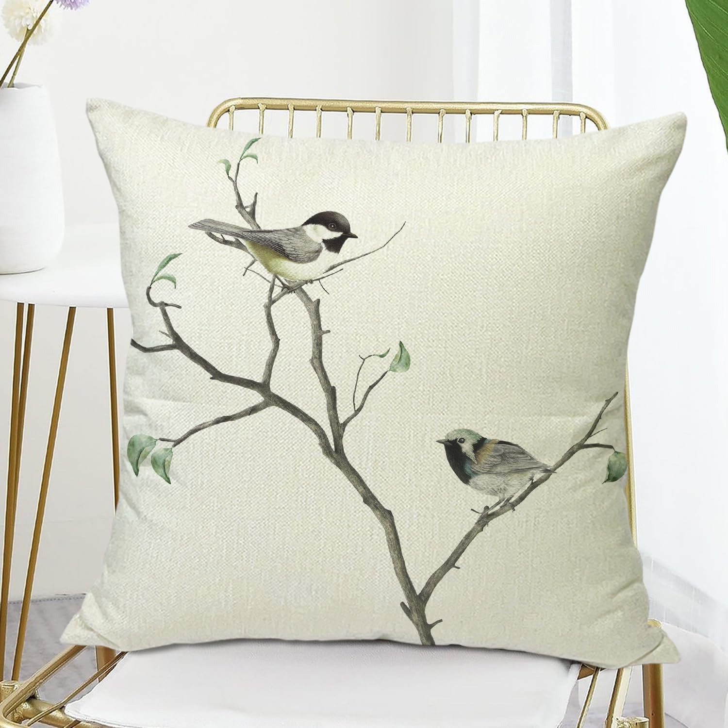 Fundas de almohada decorativas de lino de 18 x 18 pulgadas con diseño de pájaros en el árbol, funda de cojín para decoración de granja