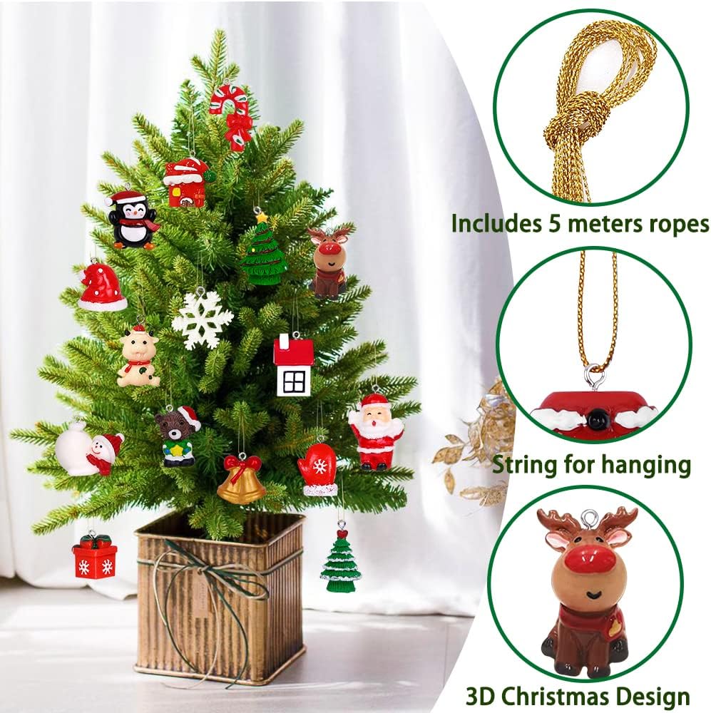 YUJUN Juego de 24 mini adornos de Navidad de resina para decoración de árbol de Navidad, pequeñas figuras en miniatura de resina 3D para decoración