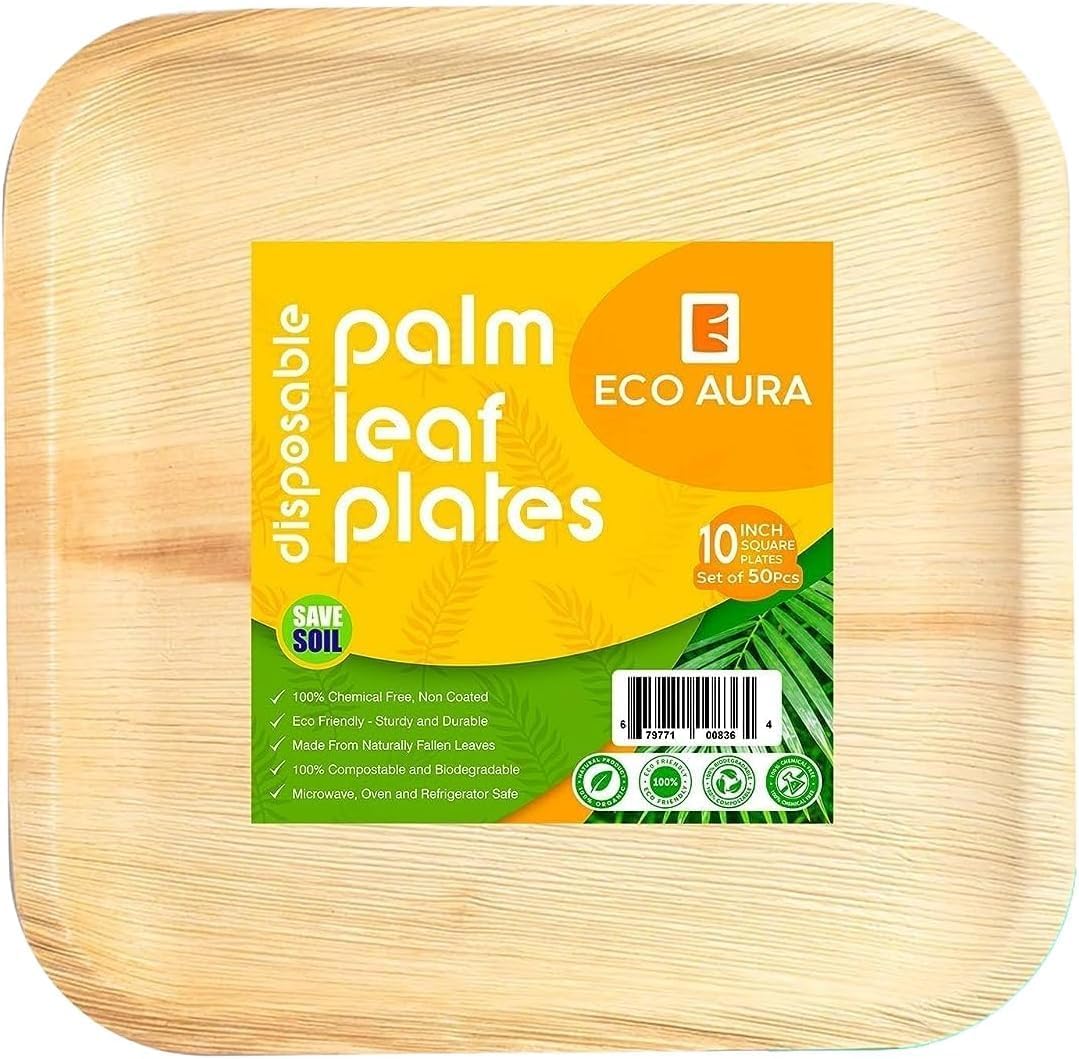 ECO AURA Platos cuadrados compostables de hoja de palma natural, biodegradables, desechables, como platos de bambú, platos ecológicos, perfectos