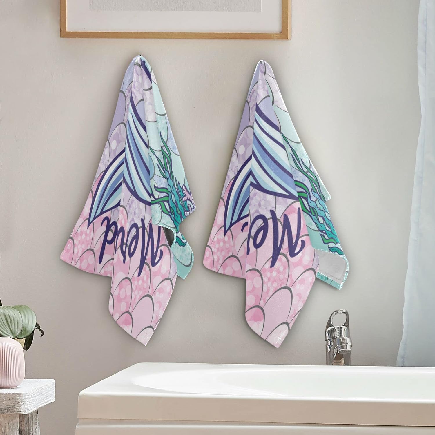 Juego de 2 toallas de mano con escala de cola de sirena, toalla de mano para baño, toalla de baño decorativa de microfibra suave y absorbente, 28 x