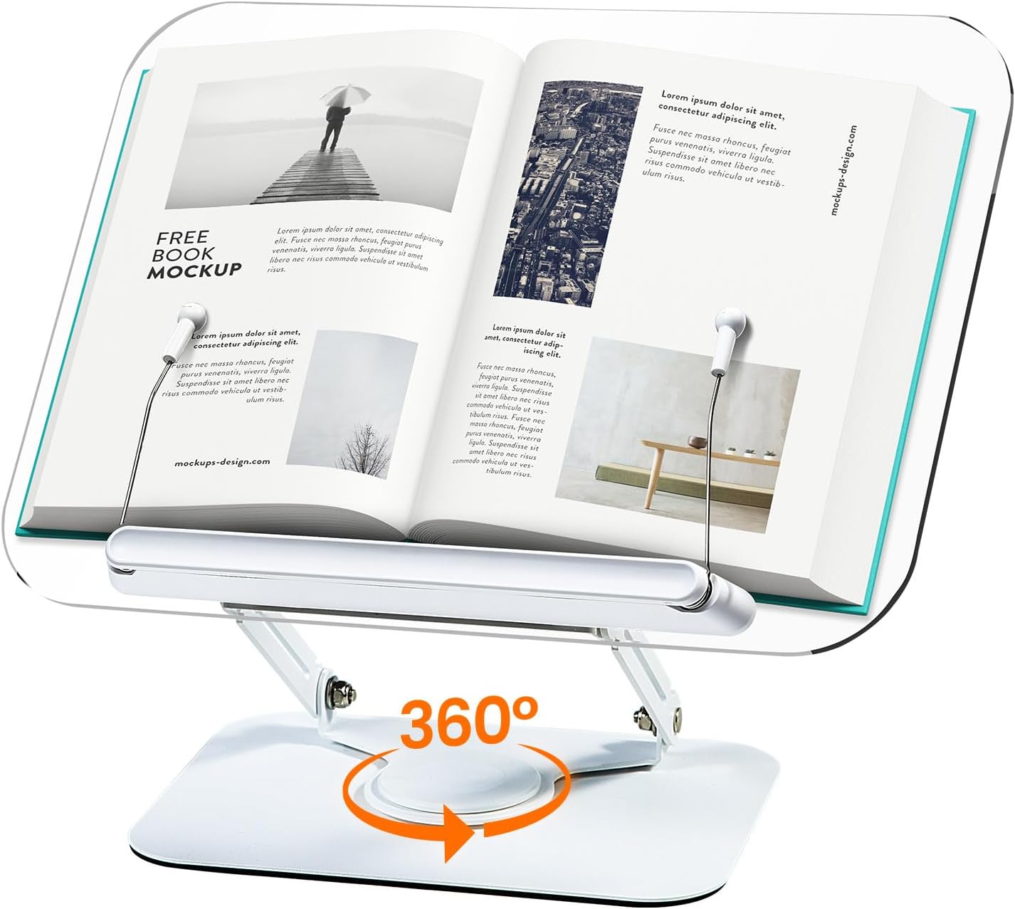 Soporte de acrílico para lectura, soporte ajustable para libros con base giratoria de 360 y clips elásticos para páginas, soporte elevador de