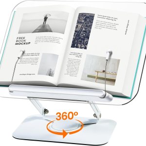 Soporte de acrílico para lectura, soporte ajustable para libros con base giratoria de 360 y clips elásticos para páginas, soporte elevador de Soporte de acrílico para lectura, soporte ajustable para libros con base giratoria de 360 y clips elásticos para páginas, soporte elevador de