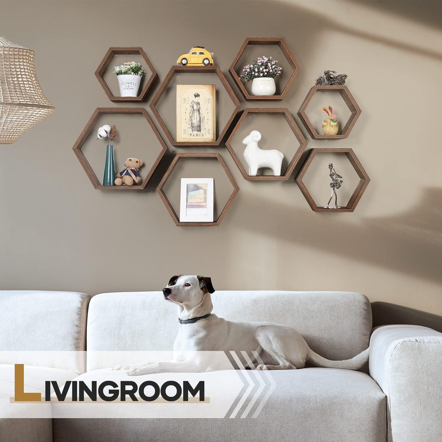SEHERTIWY Paquete de 8 estantes flotantes hexagonales, estante de pared de nido de abeja de madera marrón para casa y oficina