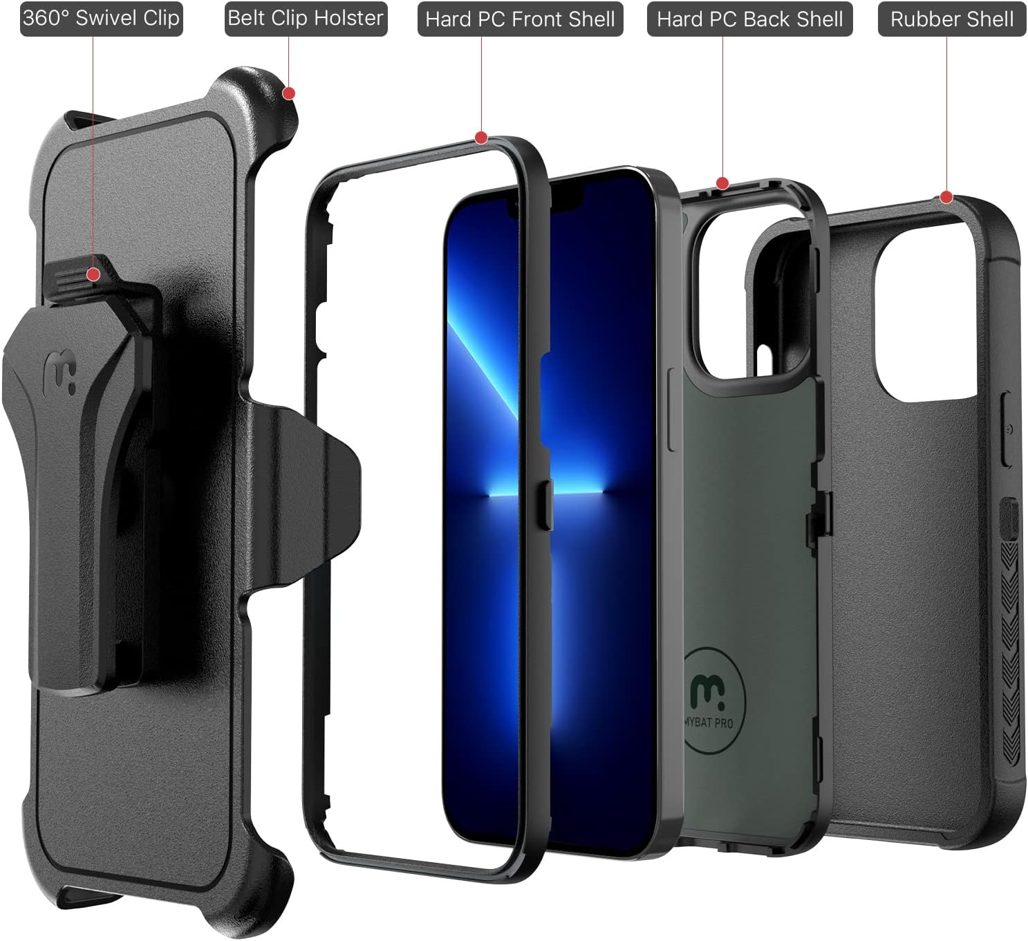 MYBAT PRO Maverick Series – Funda a prueba de golpes, para iPhone 13, con funda de clip para cinturón y vidrio templado, 6.1 pulgadas, resistente