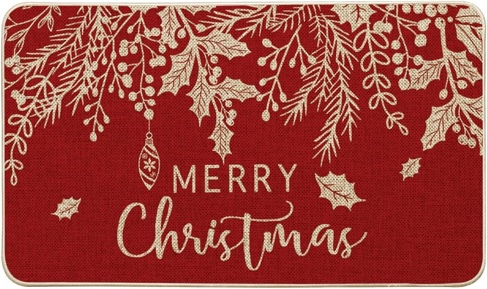 Artoid Mode Red Holly – Tapete de muérdago con texto en inglés “Merry Christmas”, decoración del hogar de invierno de Navidad, tapete de bajo