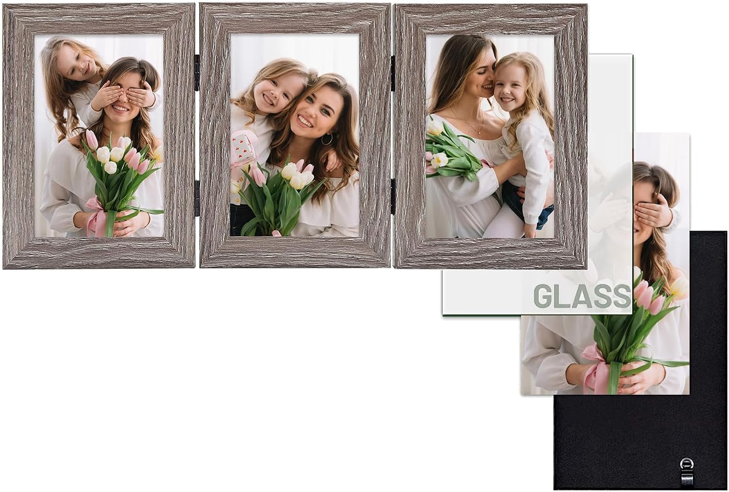 Frametory, Marco de fotos triple de 4 x 6 pulgadas, marco de fotos con bisagras, tres marcos plegables para escritorio, marco de vidrio vertical