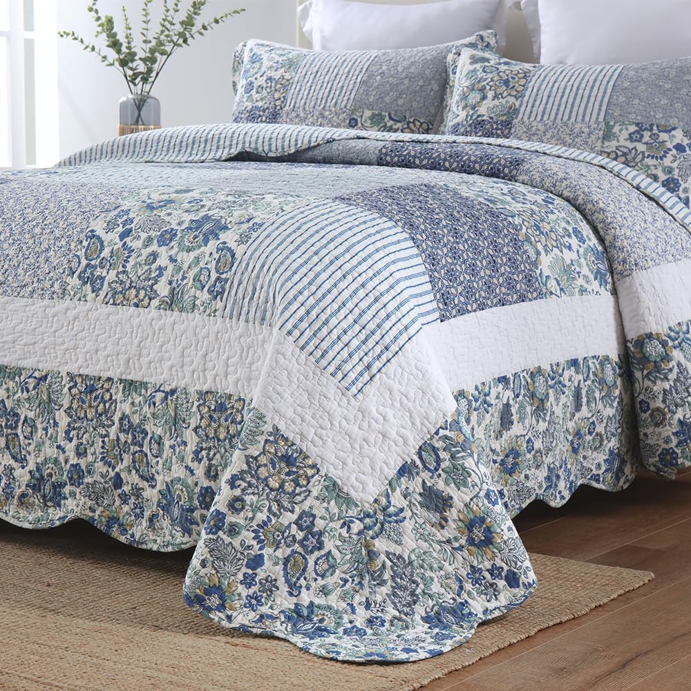 Juego de ropa de cama de algodón de 3 piezas, reversible, juego de colcha reversible vintage floral de retazos azules, tamaño Queen