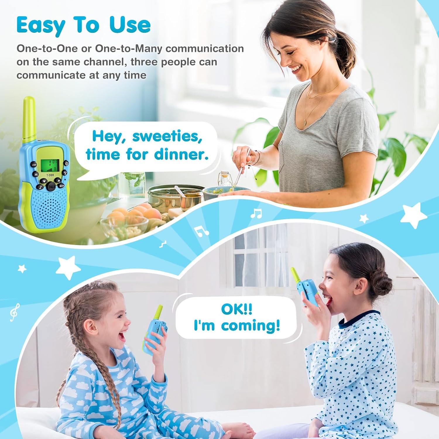GINMIC Walkie Talkie para niños, juguetes para niños de 3 a 12 años con linterna LCD retroiluminada, paquete de 2 walkie talkies de largo alcance 22