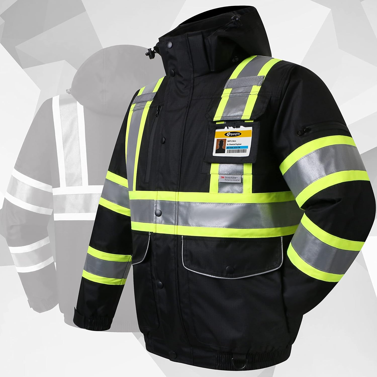 JKSafety Chaqueta bomber de invierno reflectante 3M impermeable de alta visibilidad con 10 bolsillos, color negro, bolsillo seguro para tableta,