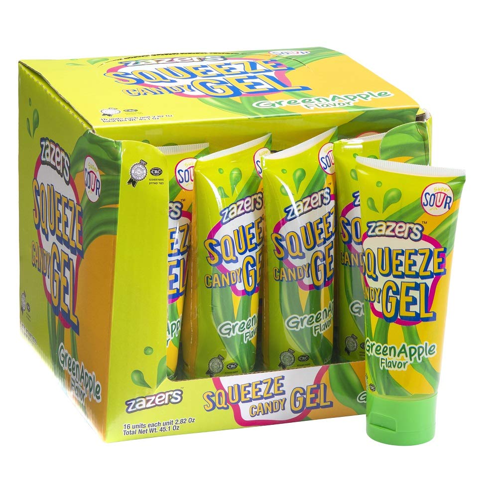 Zazers – Gel de caramelo ácido, súper ácido, caramelo exprimido, caramelo novedoso, caramelo kosher  16 x 2.82 onzas (80 gramos), paquete de
