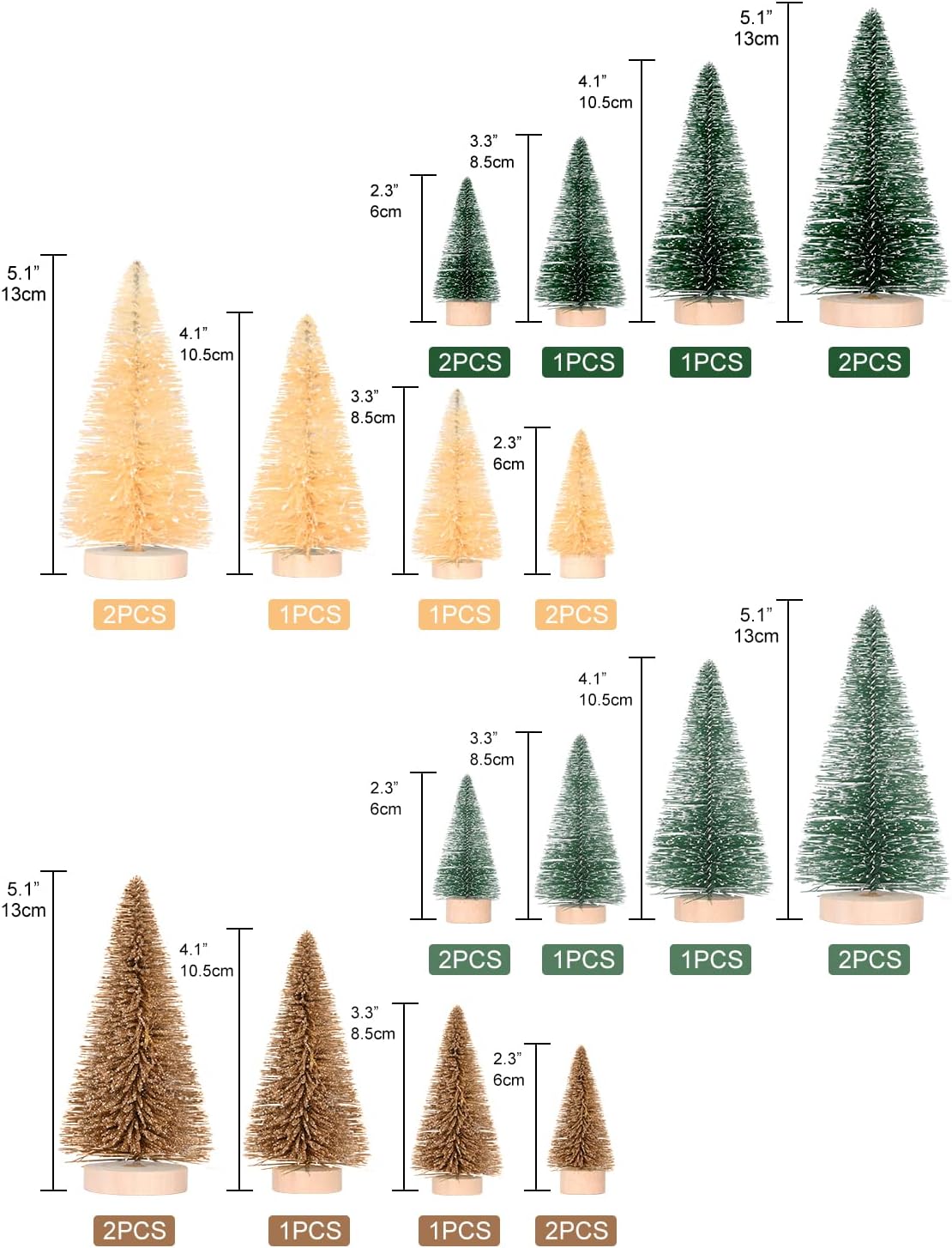 DDHS 24 mini árboles de Navidad artificiales, cepillo mejorado para botellas de 4 colores, árbol de Navidad con base de madera, sisal esmerilado