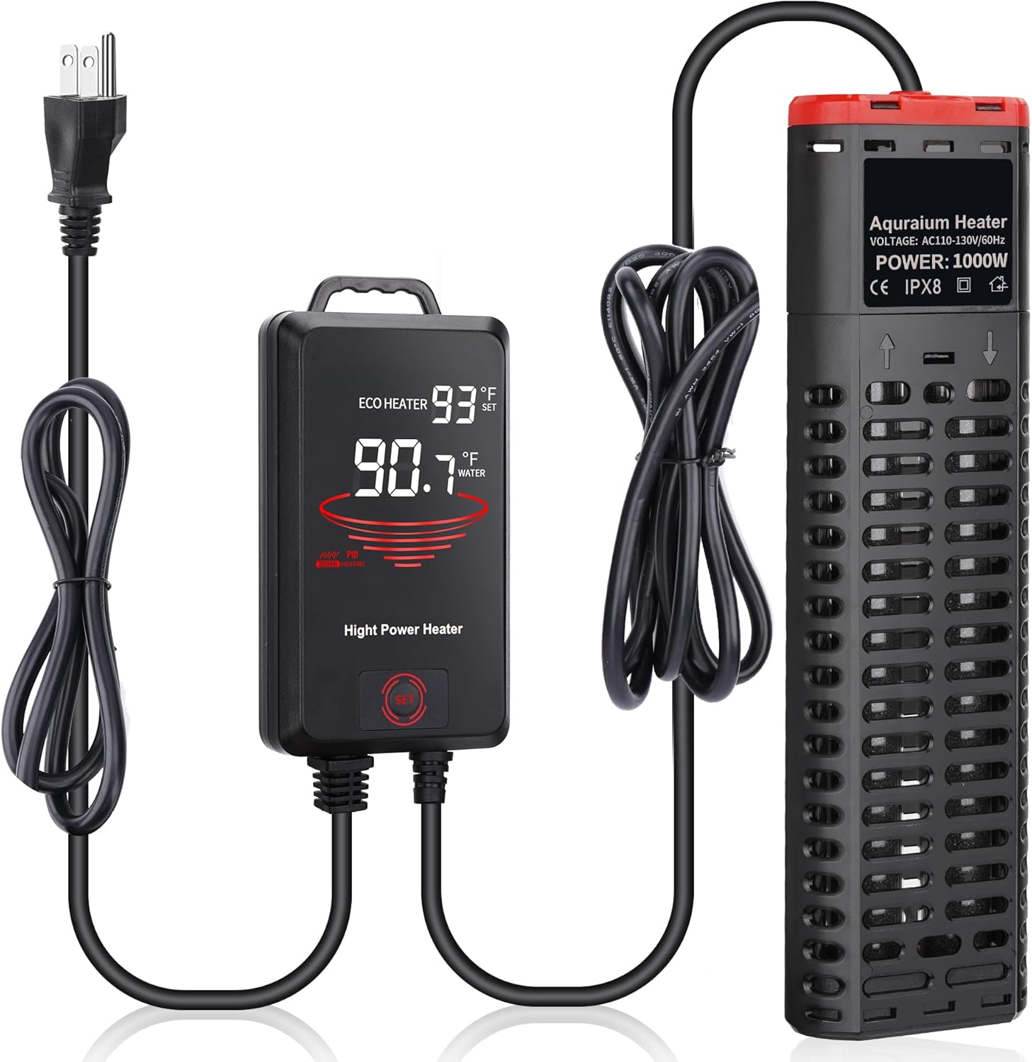 Calentador de acuario de 1000 W sumergible para pecera con tubos de cuarzo dobles y controlador de temperatura de pantalla LED para 150-300 galones,