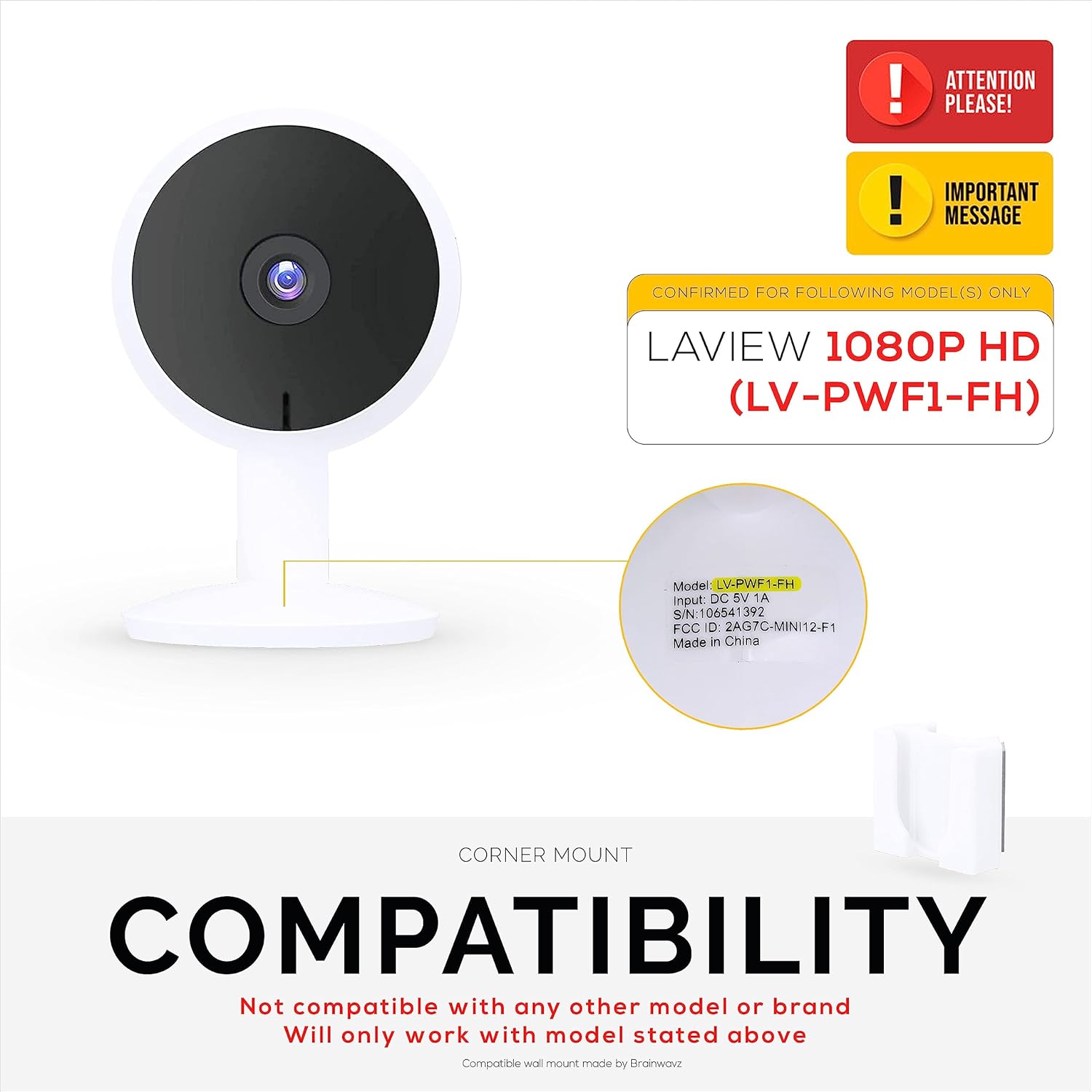 LaView LV-PWF1 1080P HD – Soporte de pared para cámara interior LaView LV-PWF1, soporte adhesivo para cámara de seguridad, reduce puntos ciegos y
