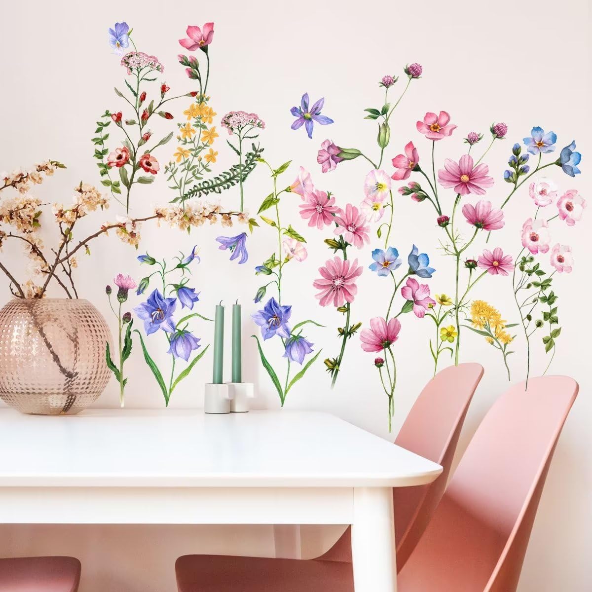 Calcomanías de pared florales de flores coloridas, murales, acuarela, plantas verdes, vinilo extraíble, mariposas, arte de pared, bricolaje,